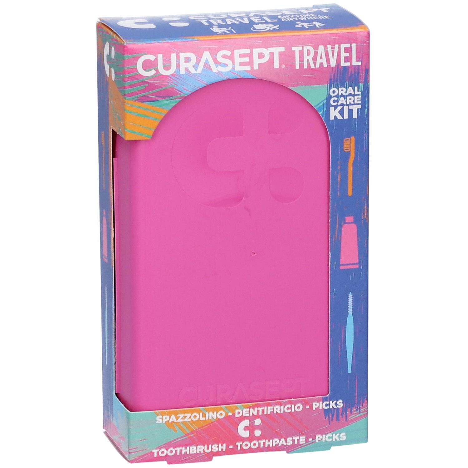 Scatola rosa per kit da viaggio. CURASEPT. TRAVEL. Oral Care Kit. Lato. Spazzolino, dentifricio, picks.