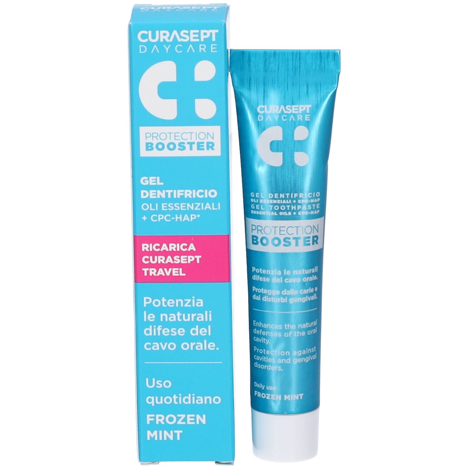 Tubo di dentifricio e scatola. Testo: Curasept, Protection Booster, Frozen Mint. Gel Dentifricio. Confezione blu.