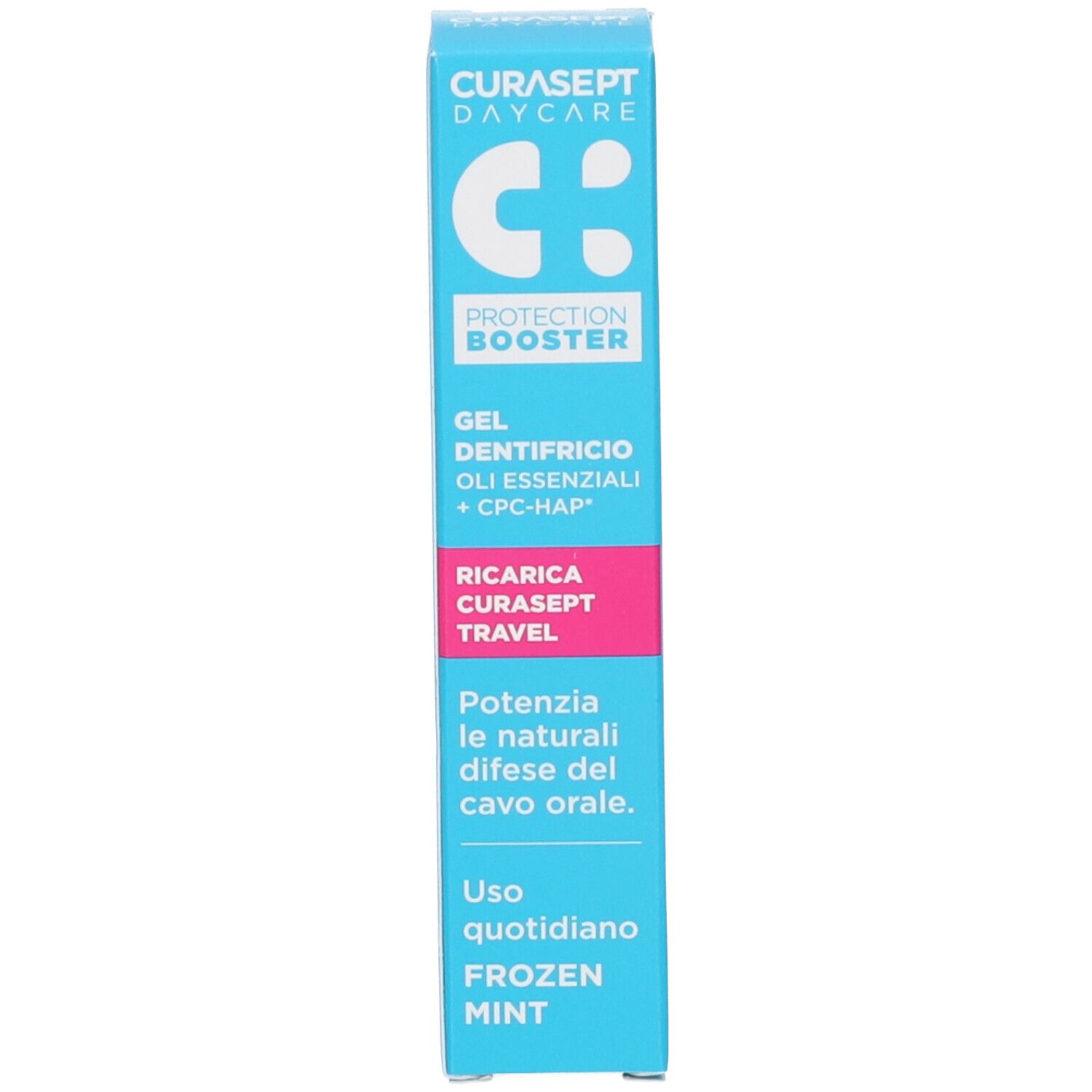 Scatola blu. Testo: Curasept, Protection Booster, Frozen Mint. Gel Dentifricio. Striscia rosa con testo.