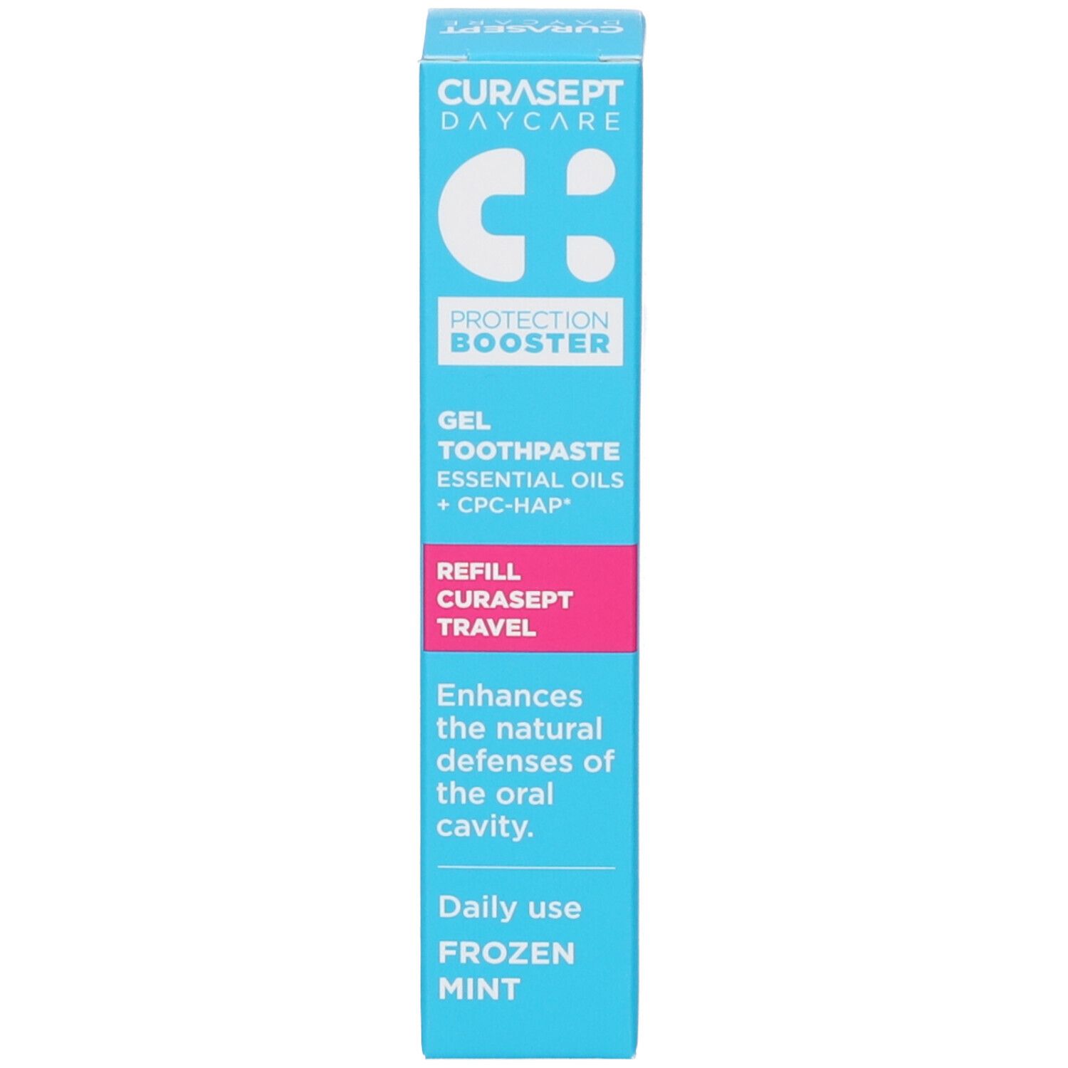 Scatola blu. Testo: Curasept, Protection Booster, Frozen Mint. Gel Dentifricio. Striscia rosa con testo.