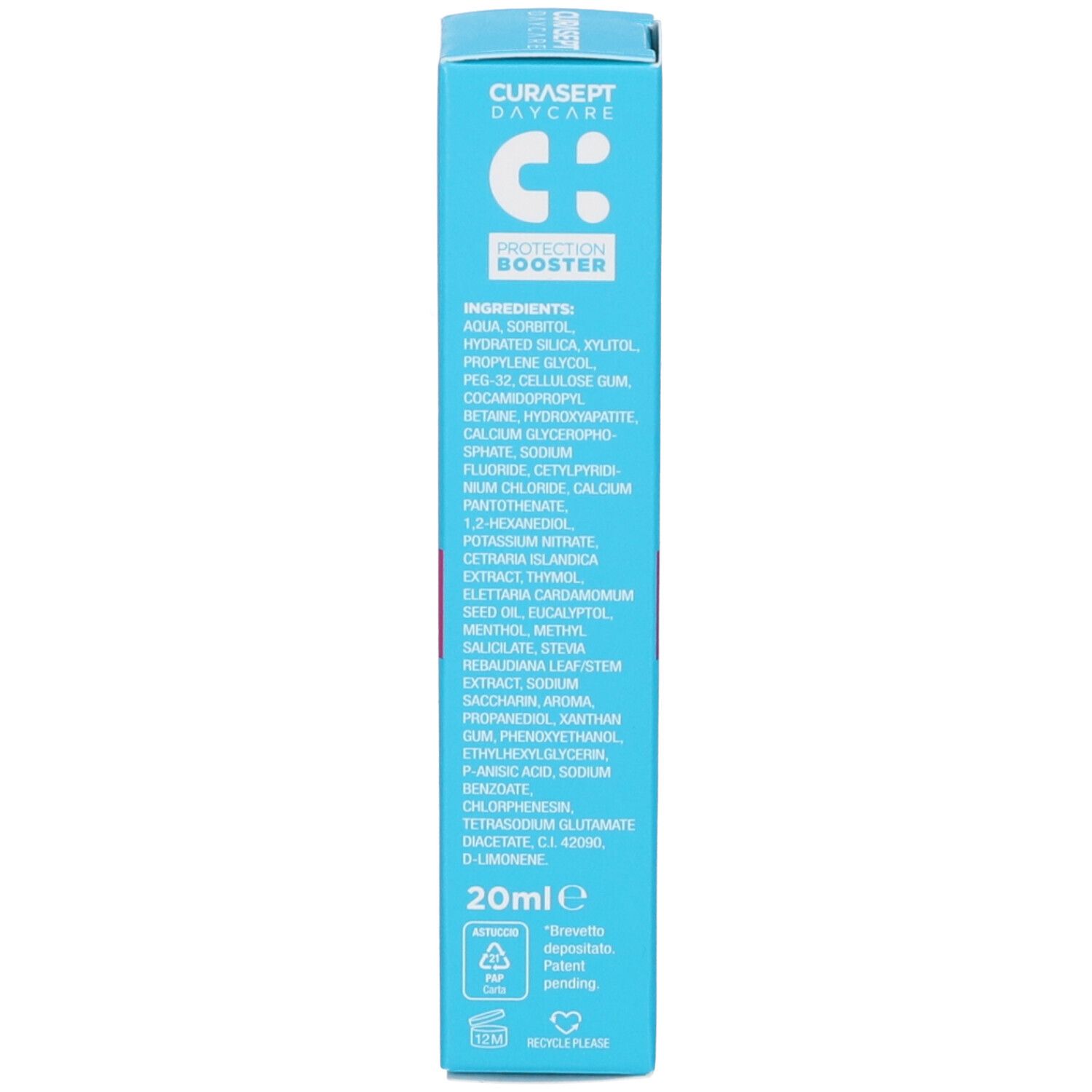 Scatola blu, retro. Testo: Ingredienti, 20ml, informazioni produttore. Striscia rosa.