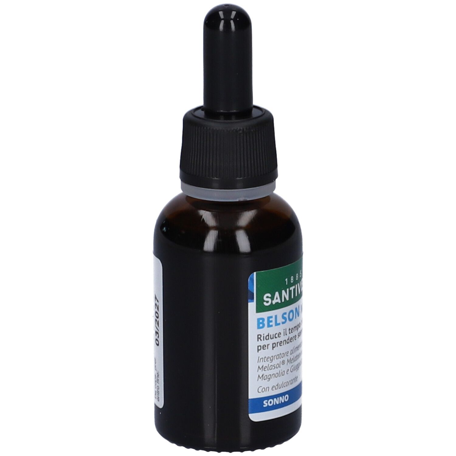 Flacone di vetro marrone con contagocce nero. Etichetta con nome prodotto Belson Melatonina. Etichette bianche con testo e data.