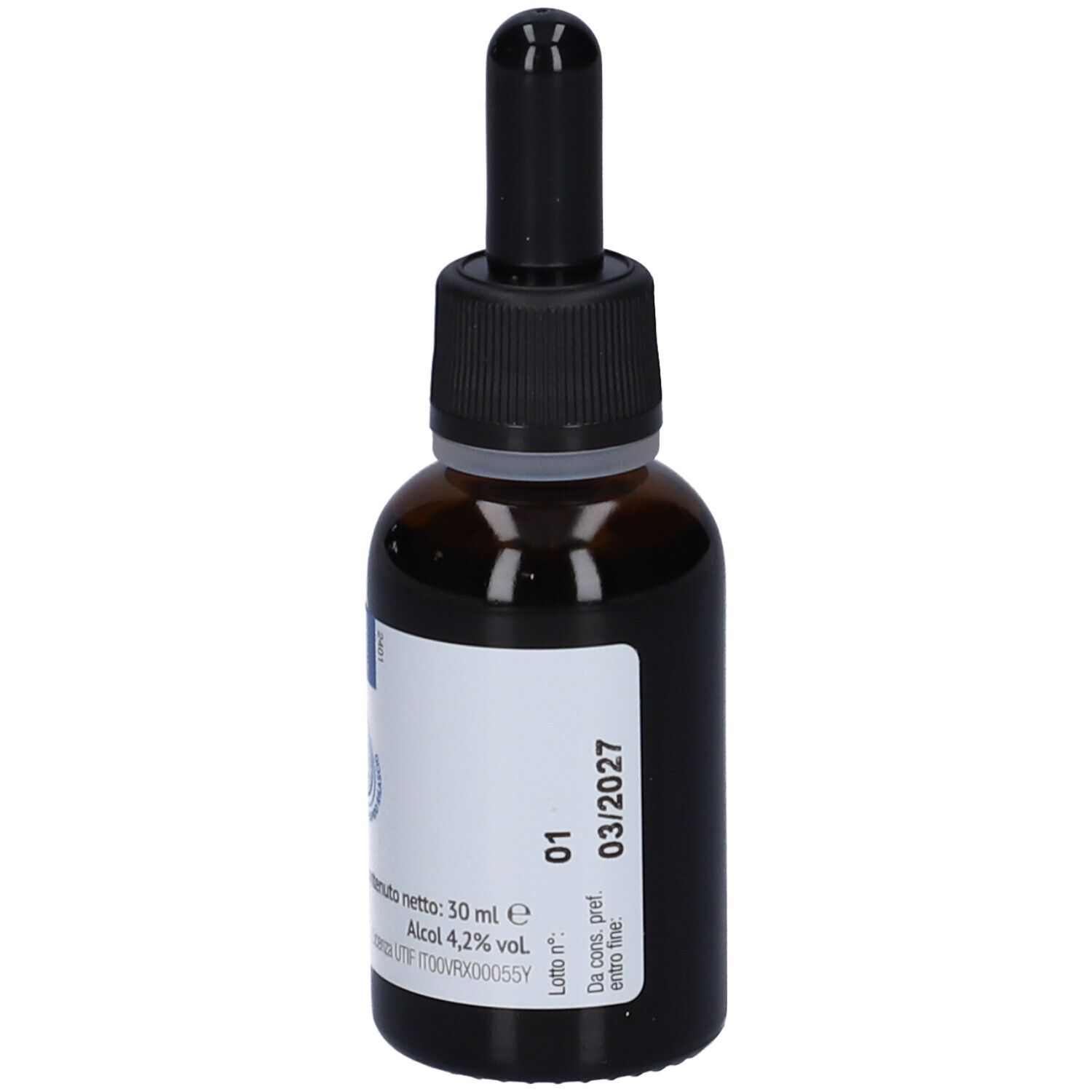 Flacone di vetro marrone con contagocce nero. Etichetta con informazioni sul prodotto. Scritta: 03/2027. Volume: 30 ml.
