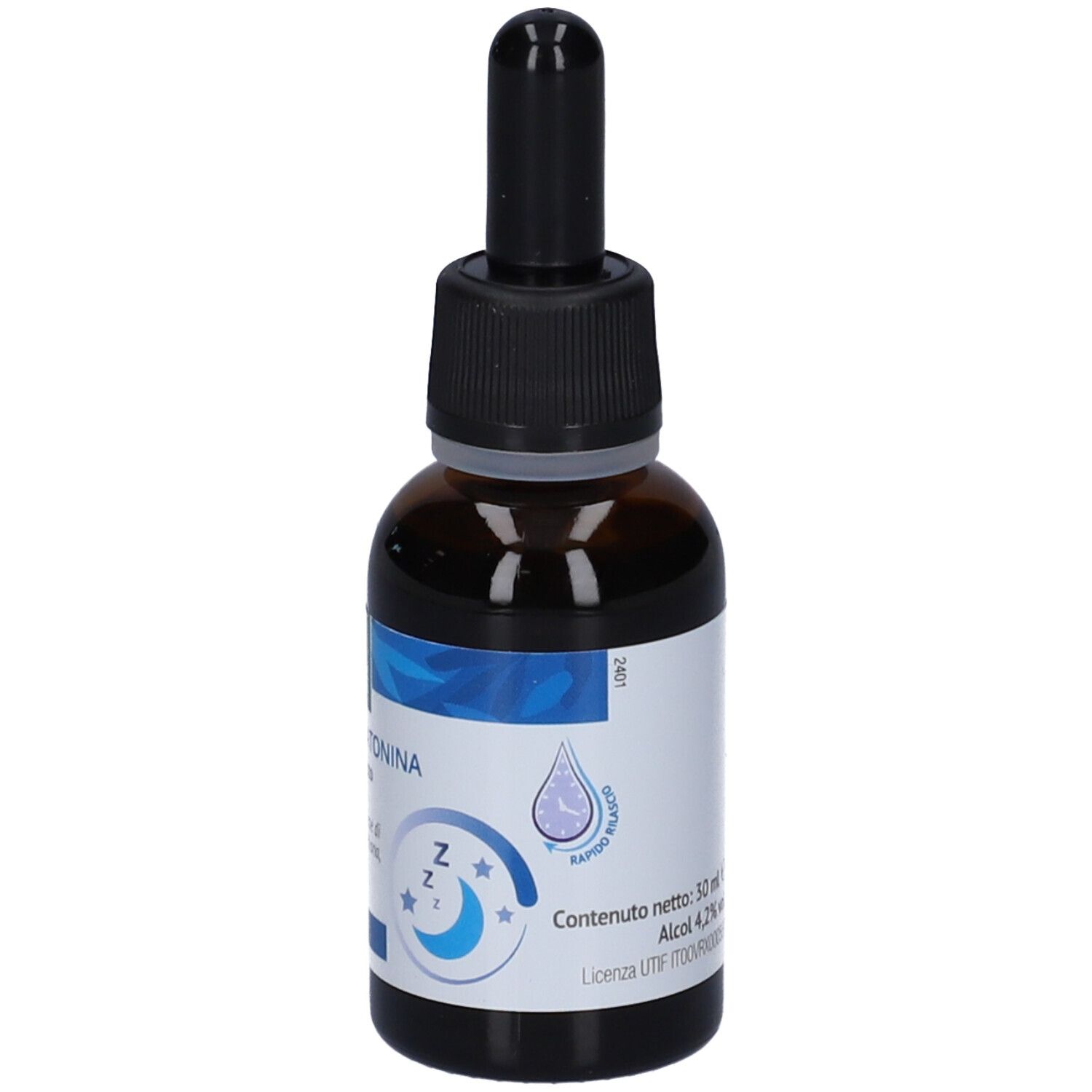 Flacone di vetro marrone con contagocce nero. Etichetta con nome prodotto Belson Melatonina e logo. Accenti blu e bianchi.