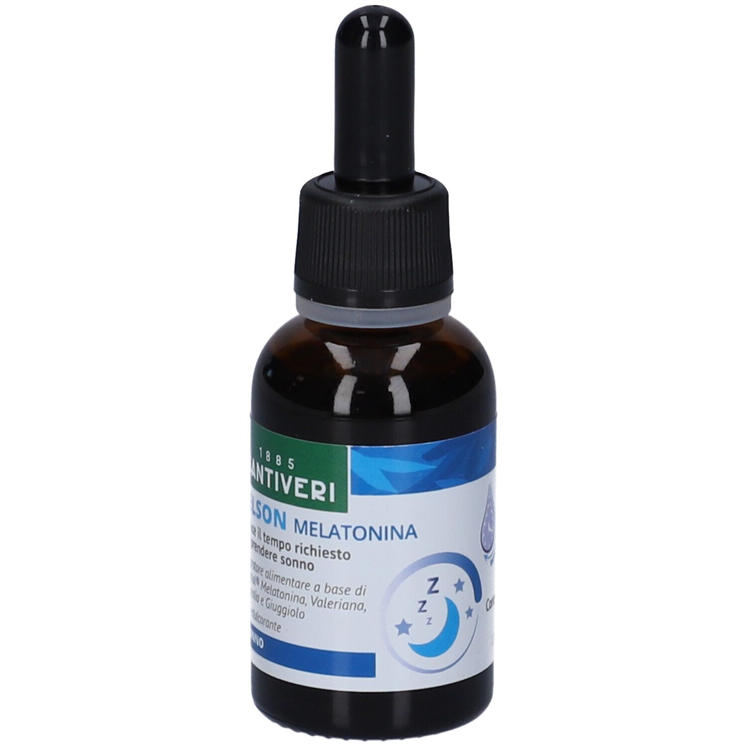 Flacone di vetro marrone con contagocce nero. Etichetta con nome prodotto Belson Melatonina e logo. Accenti blu e verdi.