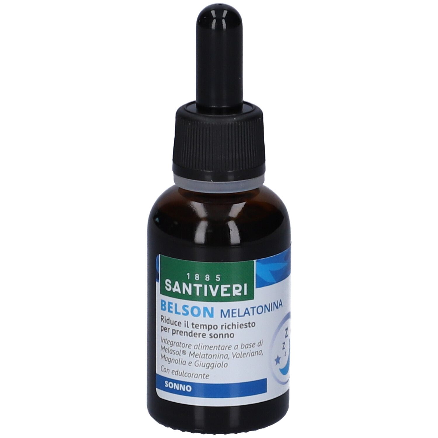 Flacone di vetro marrone con contagocce nero. Etichetta con nome prodotto Belson Melatonina e logo. Accenti blu e verdi.