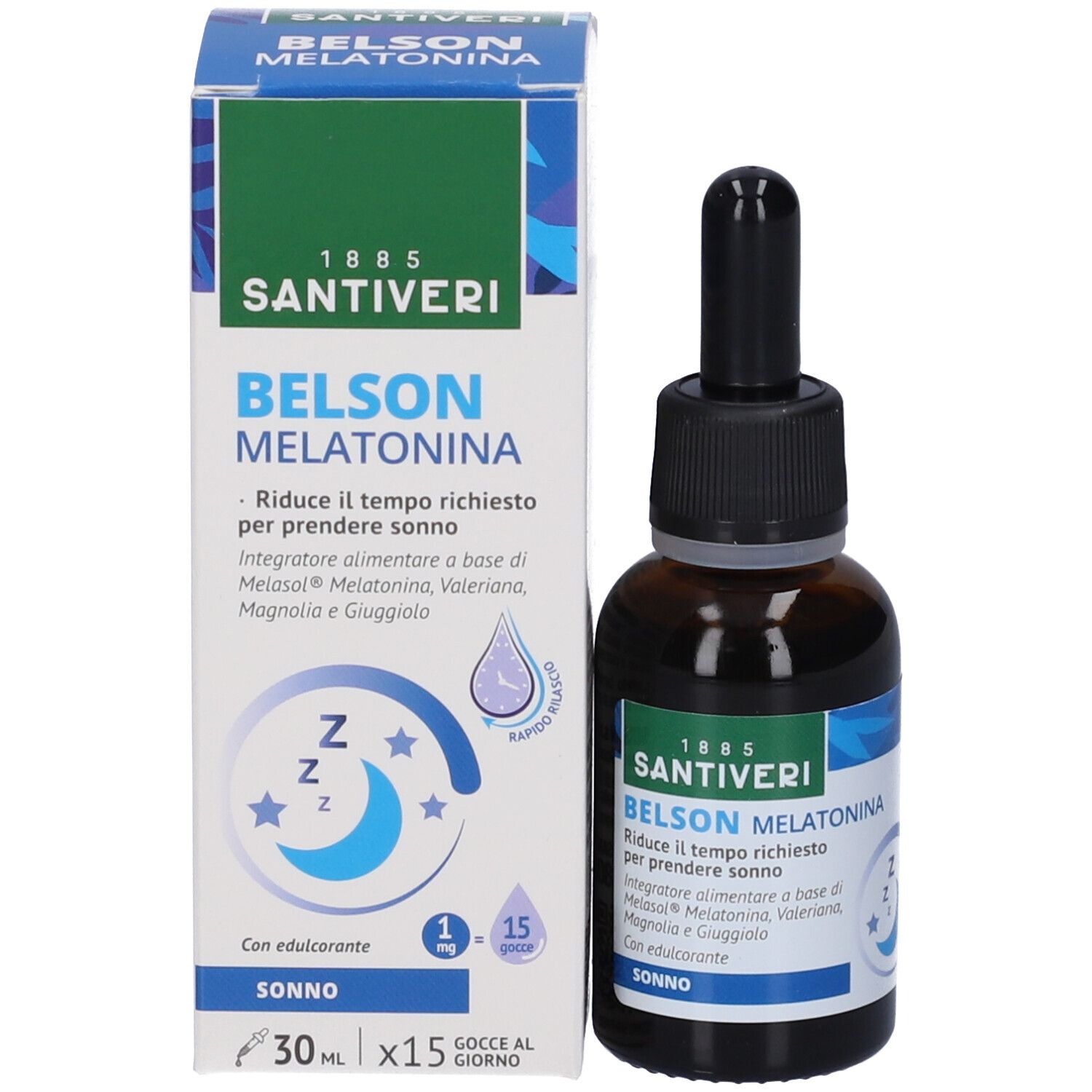 Confezione e flacone del prodotto. Scatola con nome prodotto Belson Melatonina. Flacone con contagocce. Accenti blu e verdi.