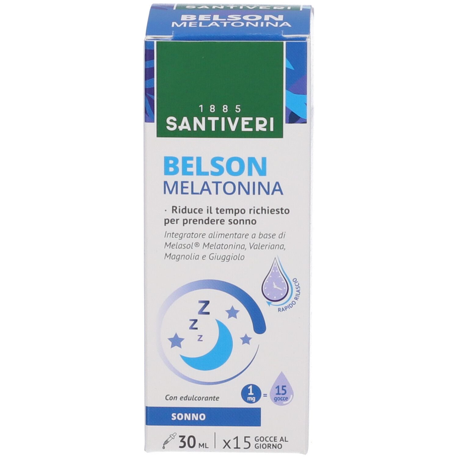 Confezione del prodotto. Scatola con nome prodotto Belson Melatonina. Accenti blu e verdi. Testo e logo.