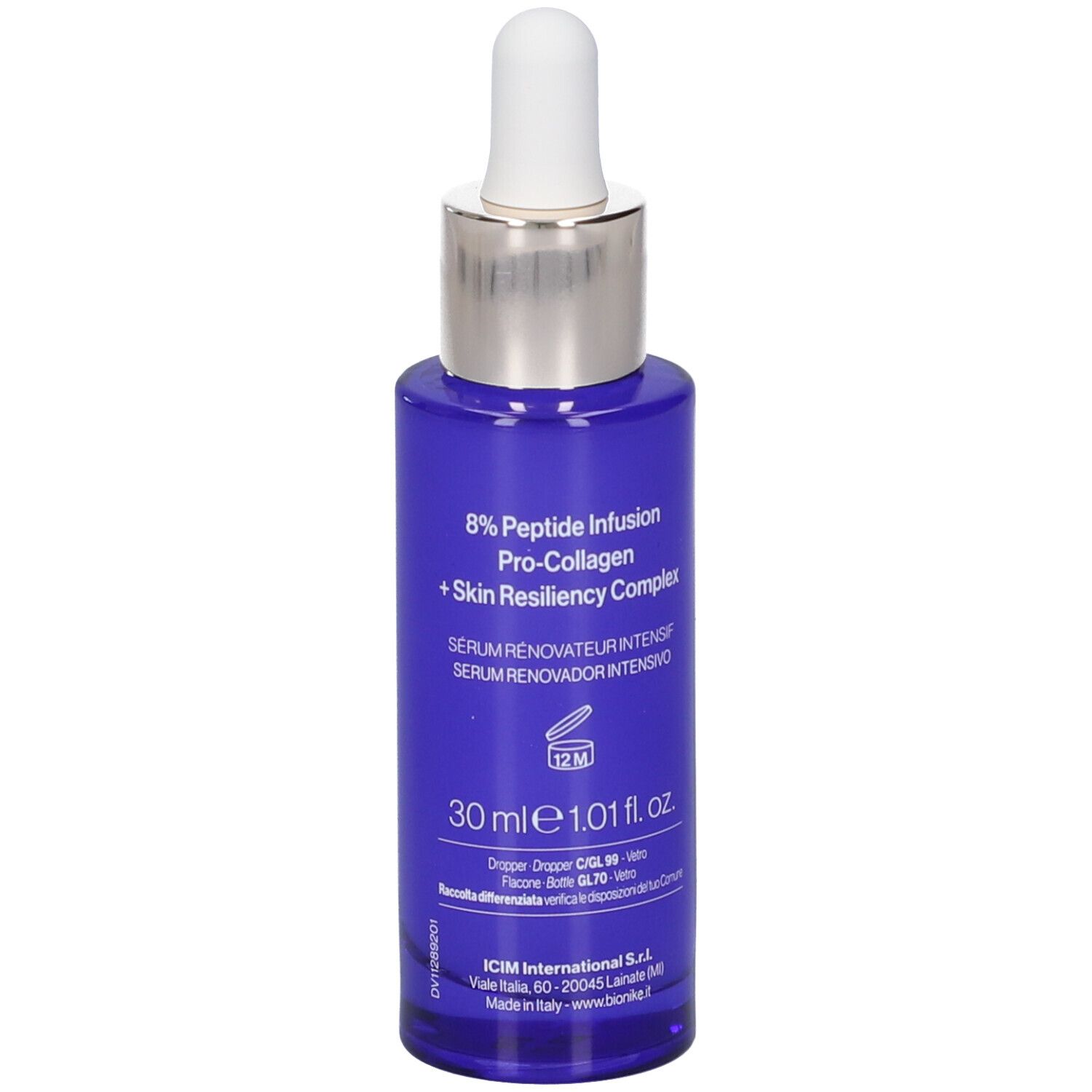 Flacone blu con contagocce bianco. Scritte: 8% Peptide Infusion, 30 ml, 1.01 fl. oz.