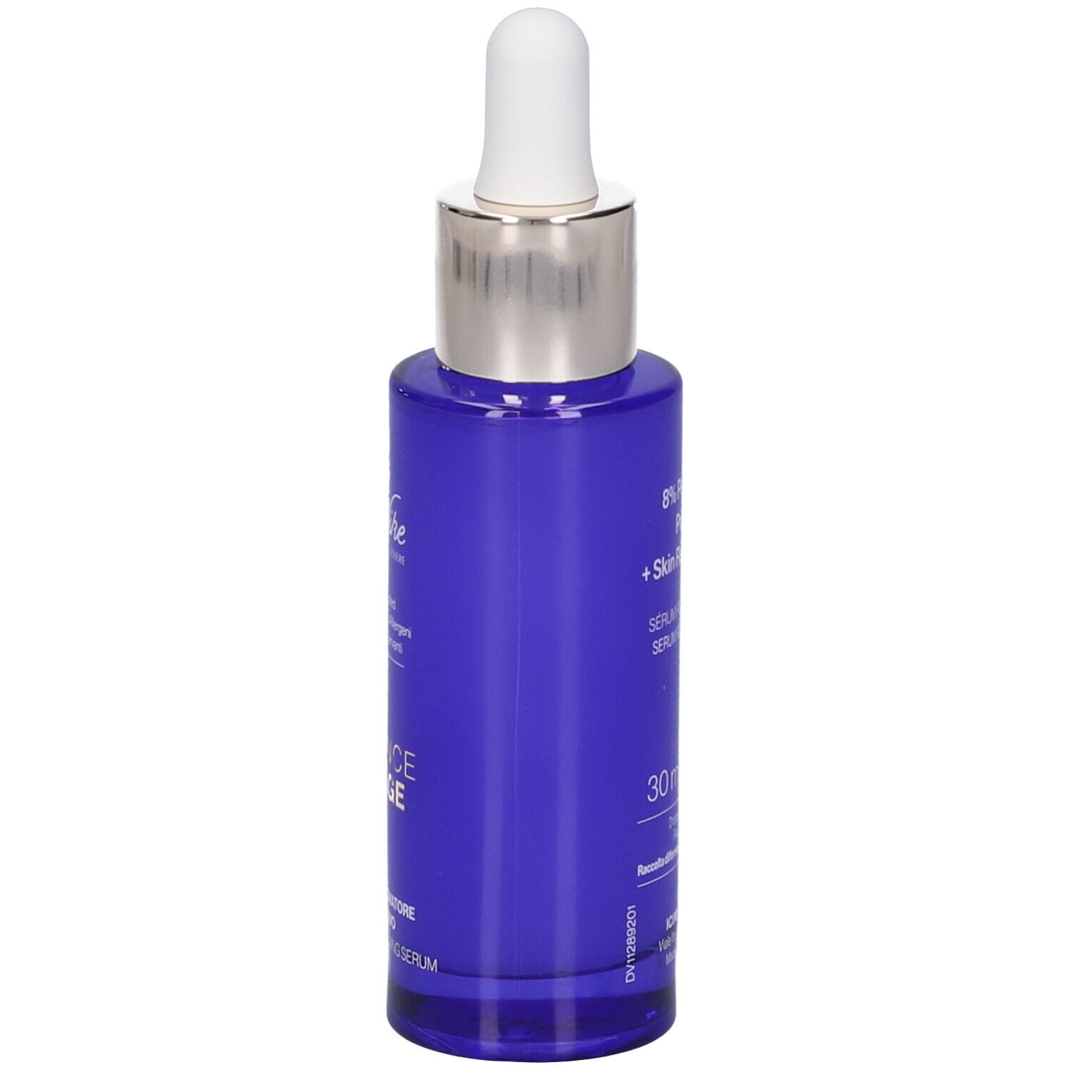Flacone blu con contagocce bianco. Scritte: Bionike, Defence My Age, Siero Rinnovatore Intensivo, 30 ml.