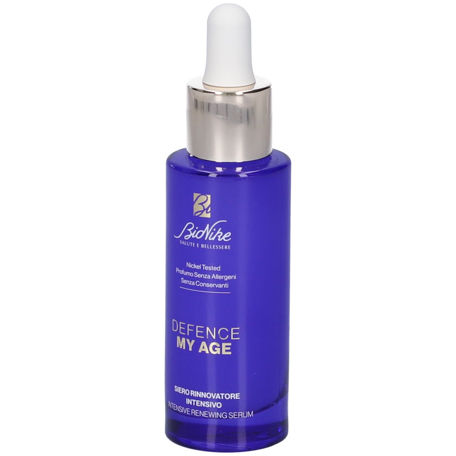 Flacone blu con contagocce bianco. Scritte: Bionike, Defence My Age, Siero Rinnovatore Intensivo.