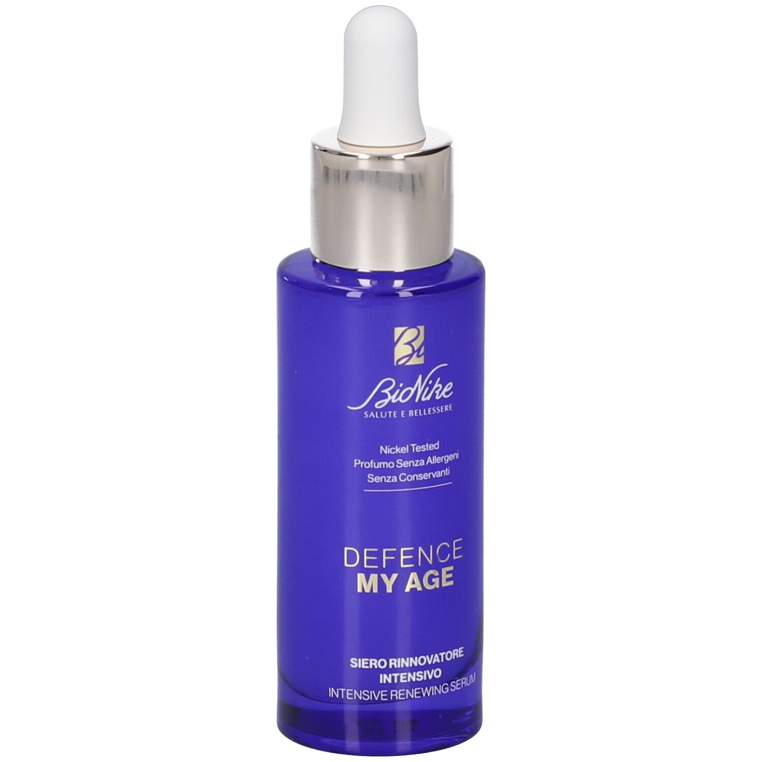 Flacone blu con contagocce bianco. Scritte: Bionike, Defence My Age, Siero Rinnovatore Intensivo.