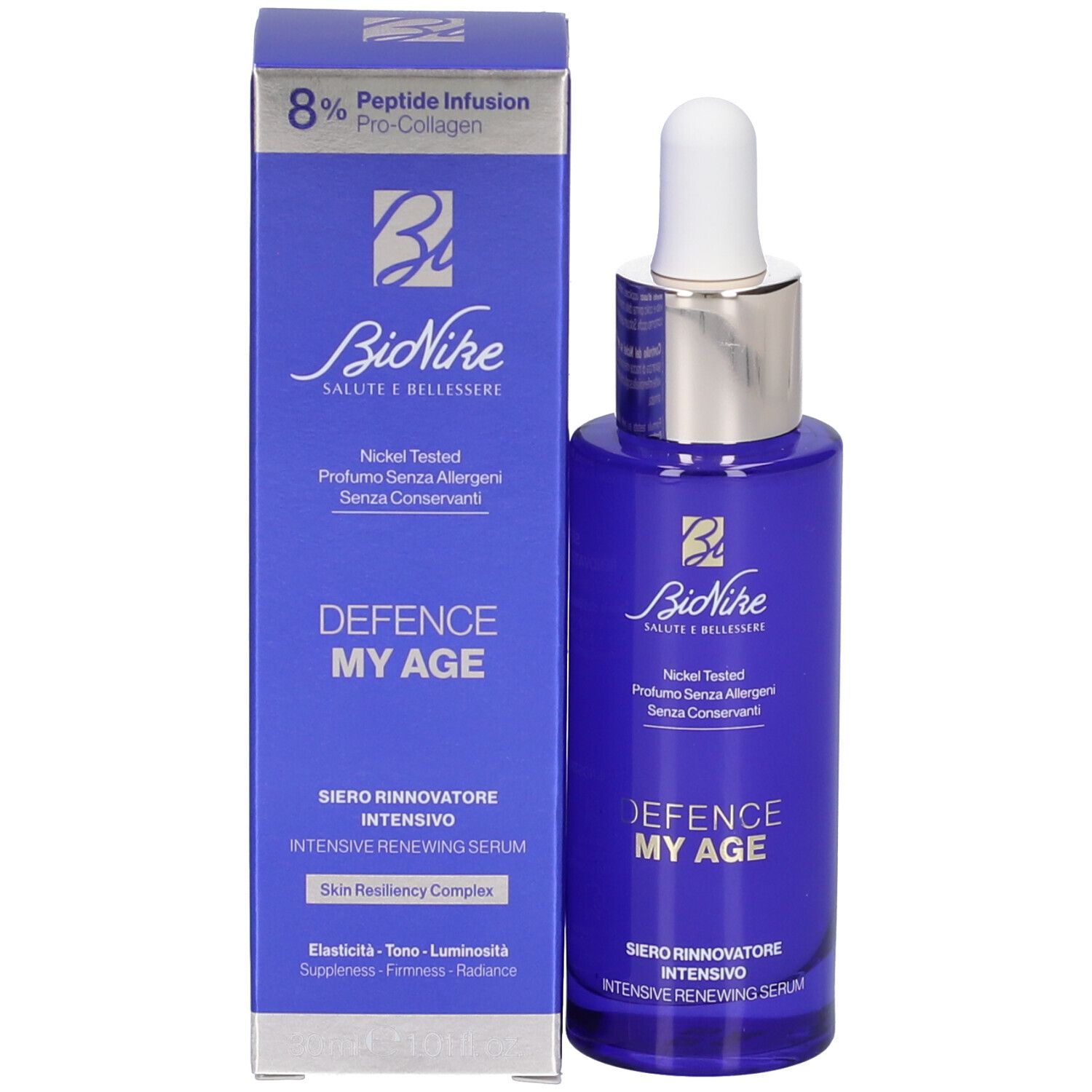 Prodotto con confezione. Flacone blu e scatola. Scritte: Bionike, Defence My Age, Siero Rinnovatore Intensivo.