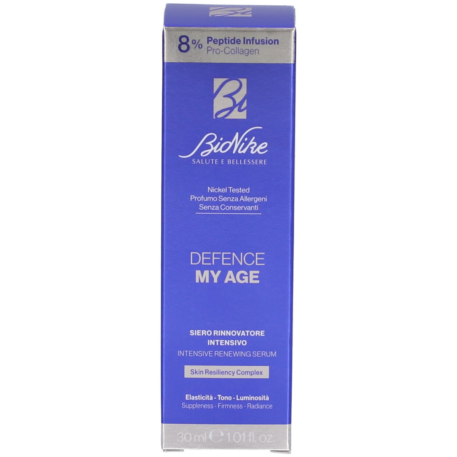 Confezione del prodotto. Scatola blu. Scritte: Bionike, Defence My Age, Siero Rinnovatore Intensivo, 30 ml.