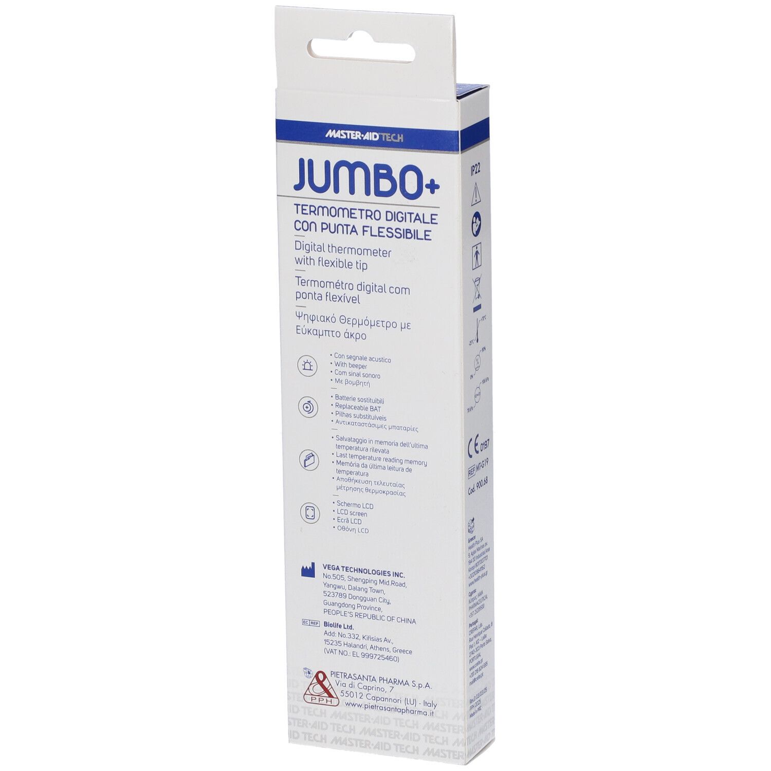 Retro della confezione del termometro. Dati tecnici, loghi e informazioni. Marchio: Master Aid Tech.