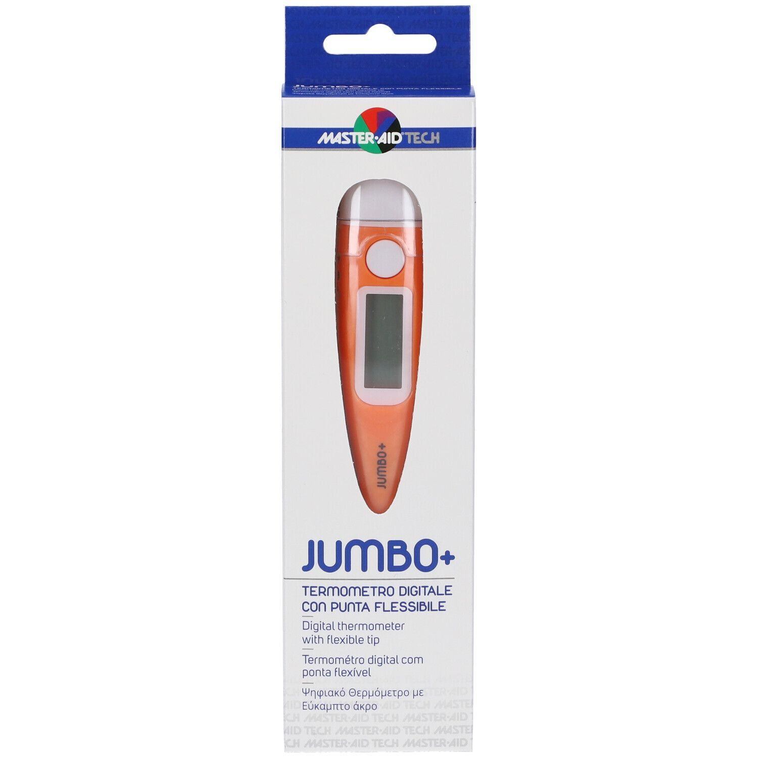 Termometro digitale in confezione. Corpo arancione, display. Marchio: Master Aid Tech, modello: Jumbo+.
