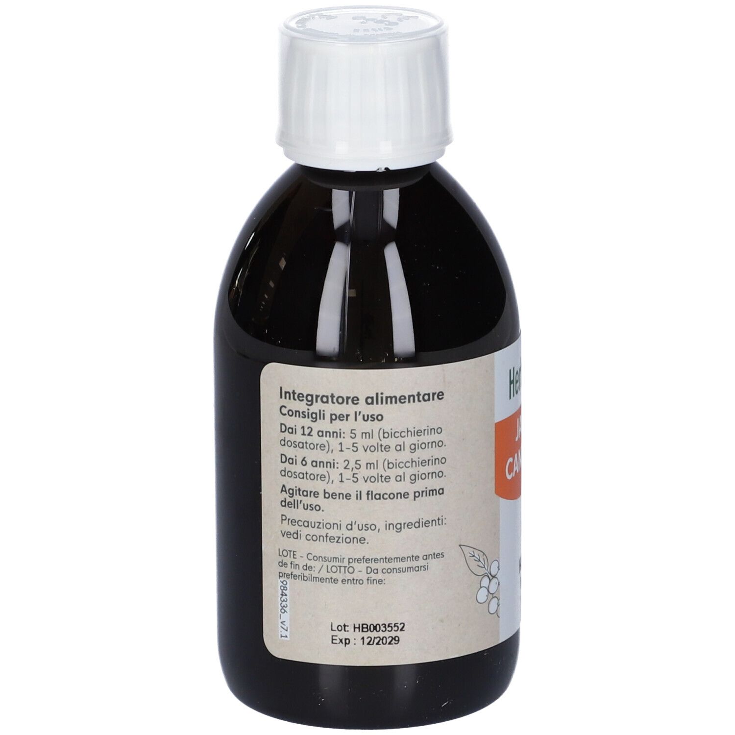 Retro di una bottiglia di liquido marrone. Etichetta con informazioni sull'uso e ingredienti.