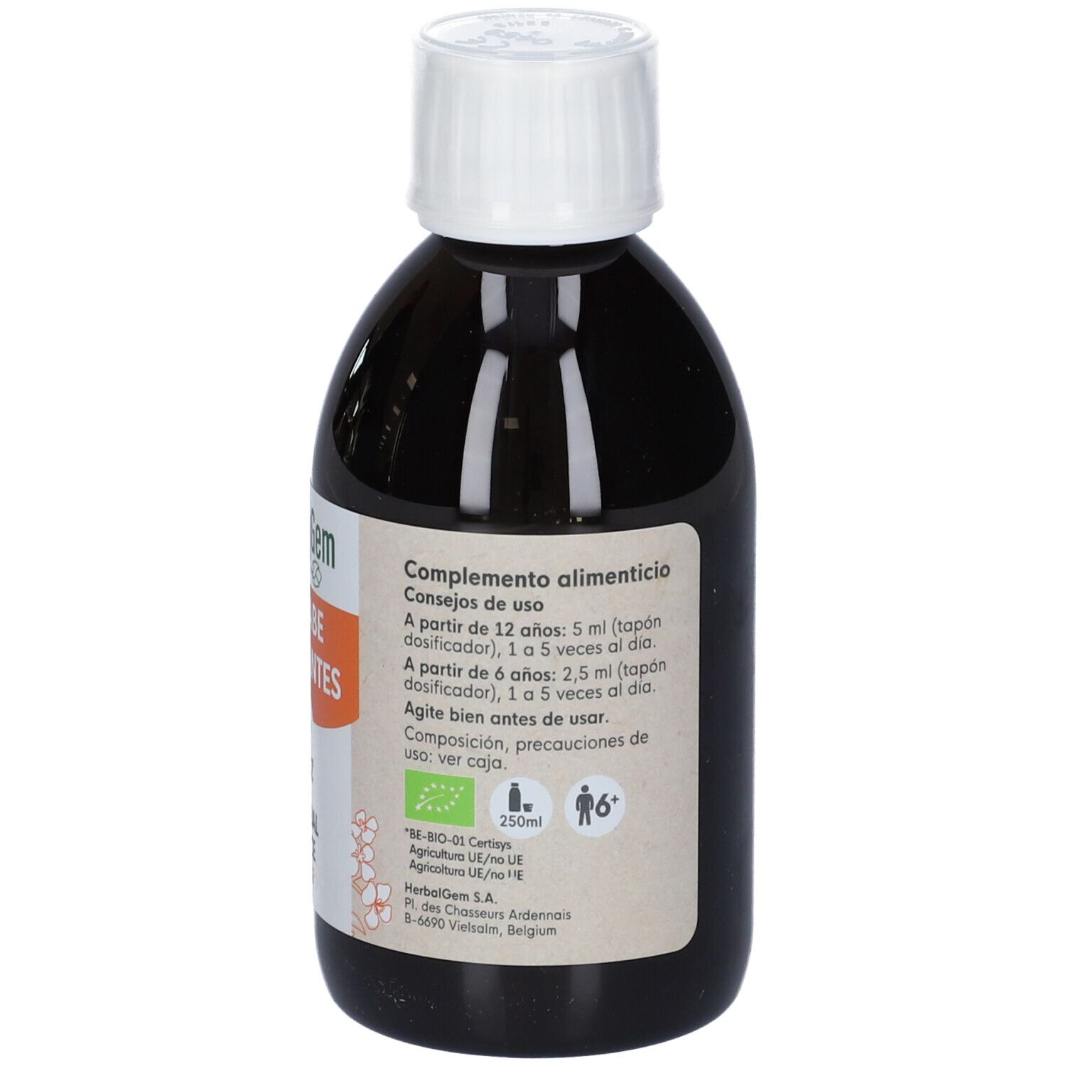 Bottiglia di liquido marrone con tappo bianco. Etichetta con informazioni sul prodotto e sigillo bio.