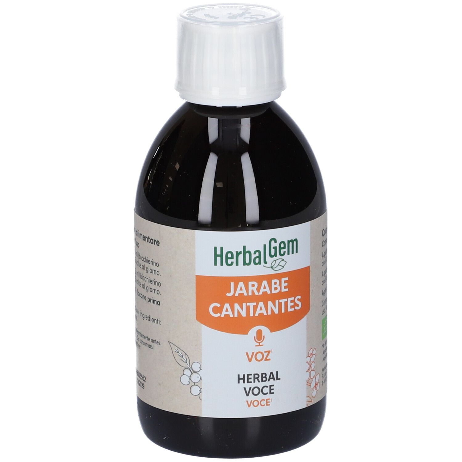 Bottiglia di liquido marrone con tappo bianco. Etichetta con logo HerbalGem e nome del prodotto.