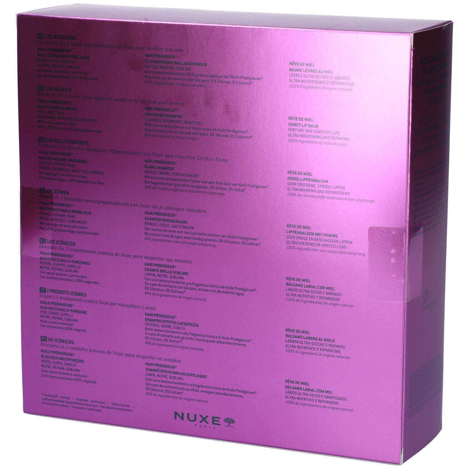 Retro del cofanetto regalo. Confezione viola con testo. Informazioni sul prodotto in più lingue.