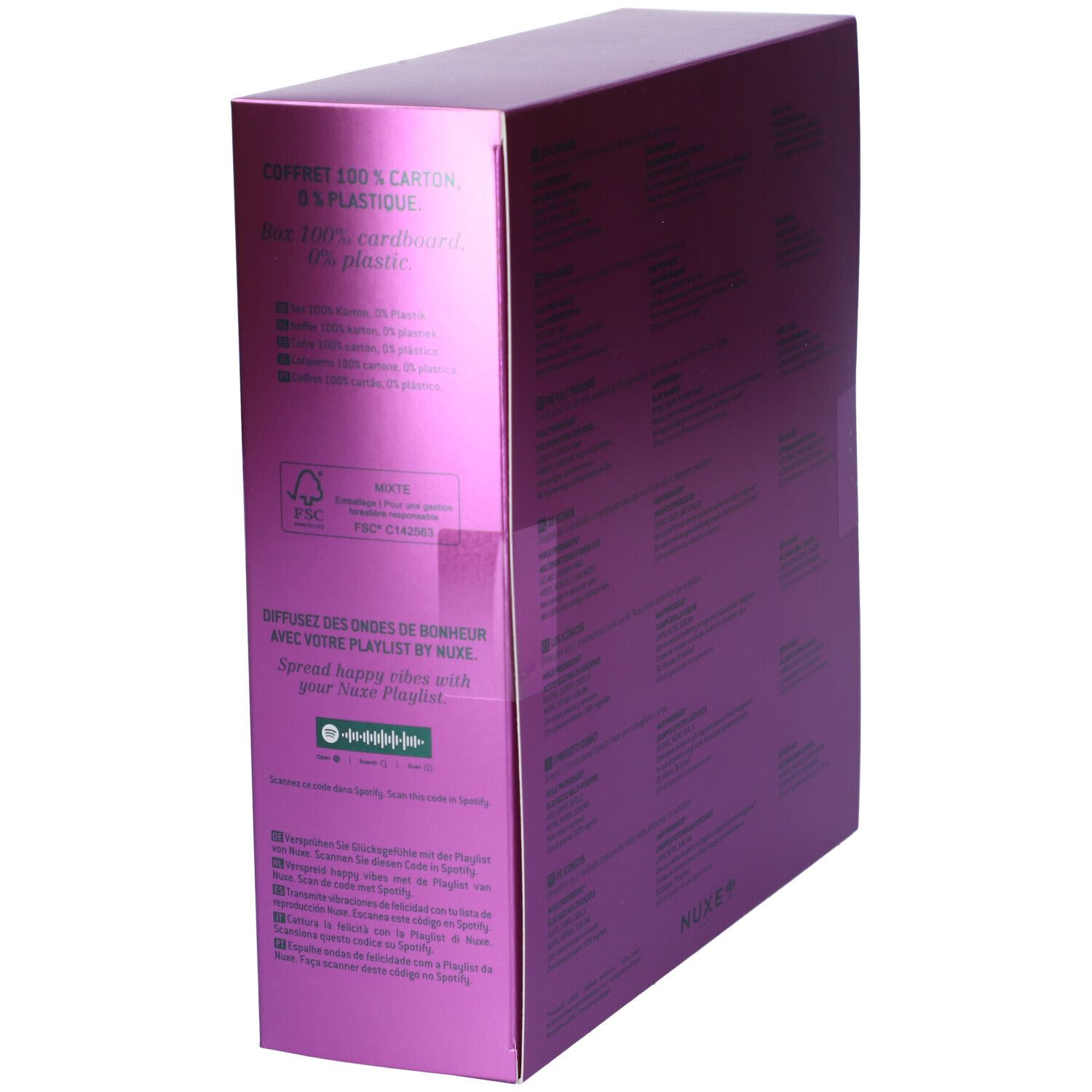 Retro del cofanetto regalo. Confezione viola con testo. Certificazione FSC. Marchio Nuxe.