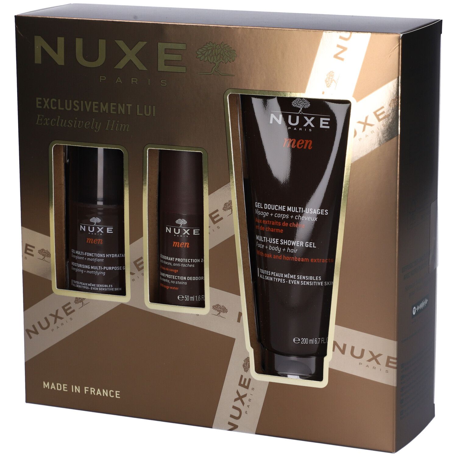 Set regalo Nuxe Men con gel, deodorante e idratante. Confezione marrone con logo e testo. Made in France.
