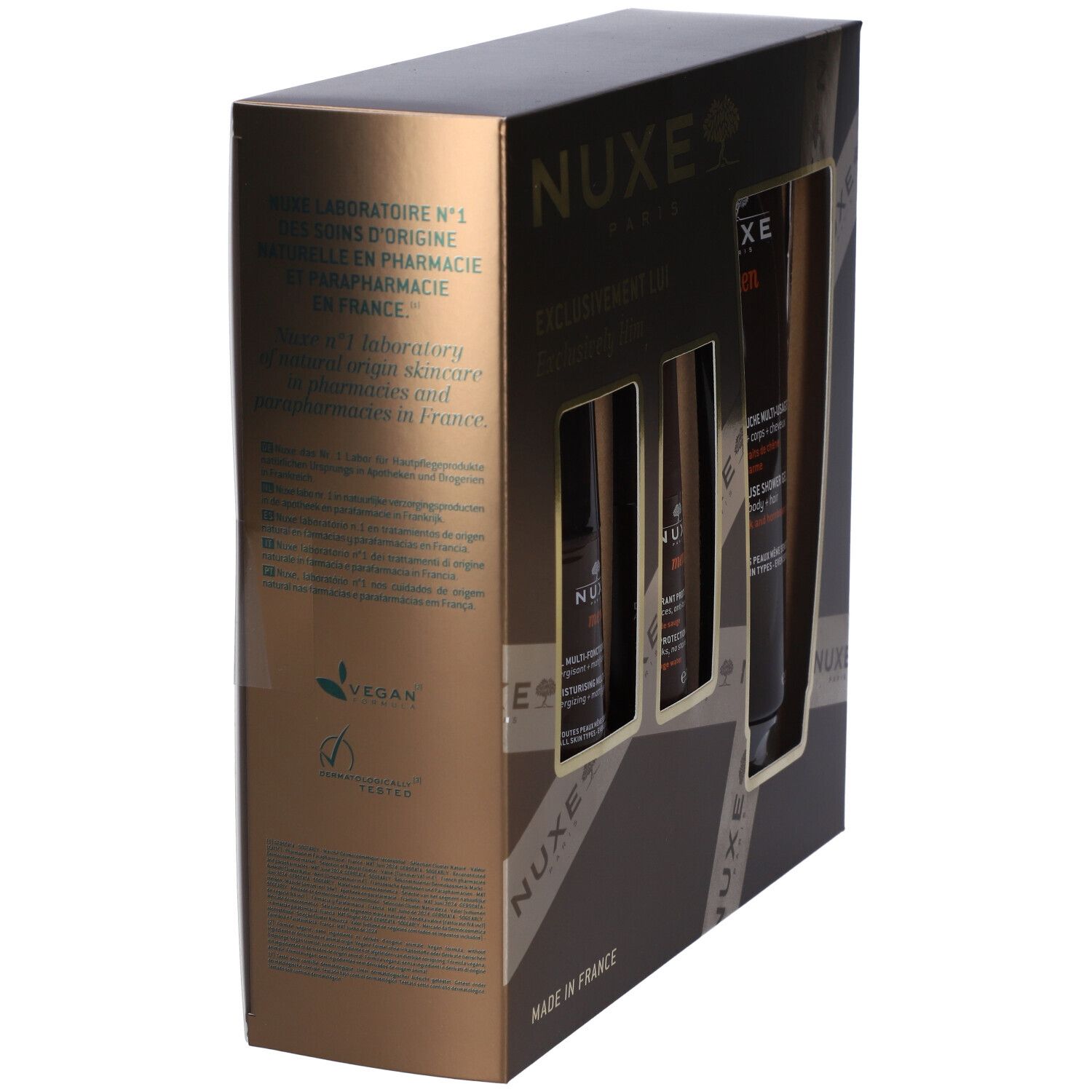 Vista laterale della confezione regalo Nuxe Men. Contiene gel, deodorante e idratante. Confezione marrone con testo.