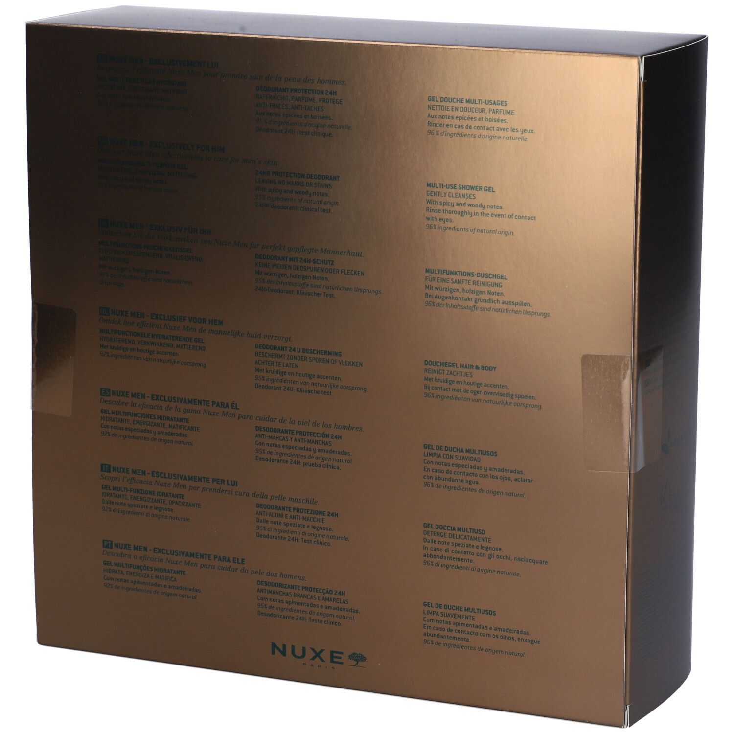 Retro della confezione regalo Nuxe Men. Contiene descrizioni dei prodotti in diverse lingue. Confezione marrone.