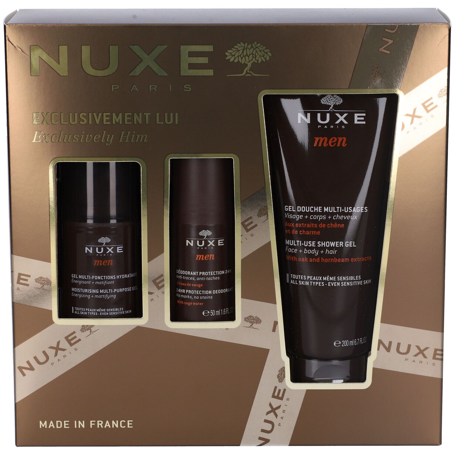 Set regalo Nuxe Men con gel, deodorante e idratante. Confezione marrone con logo e testo.