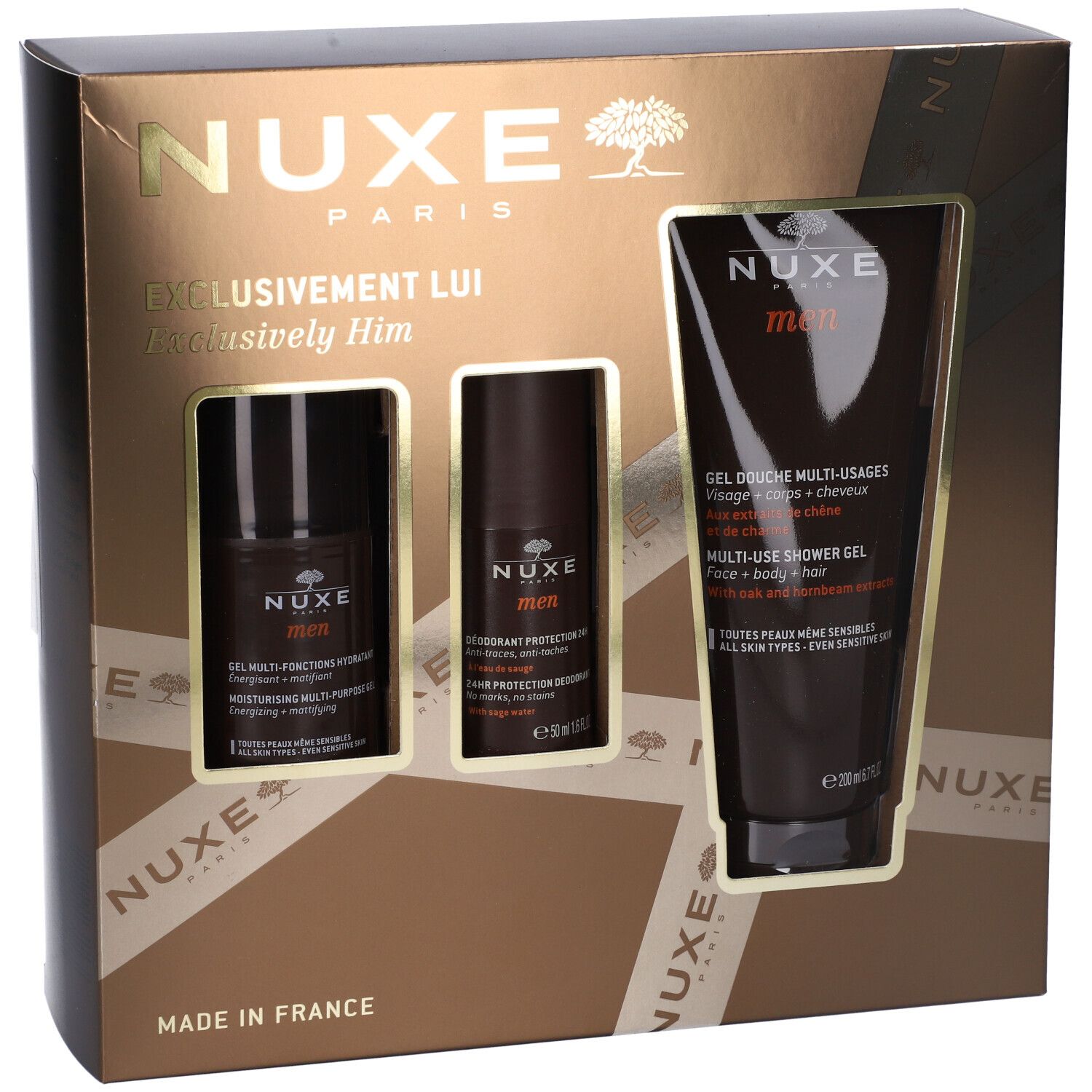 Set regalo Nuxe Men con gel, deodorante e idratante. Confezione marrone con logo e testo.