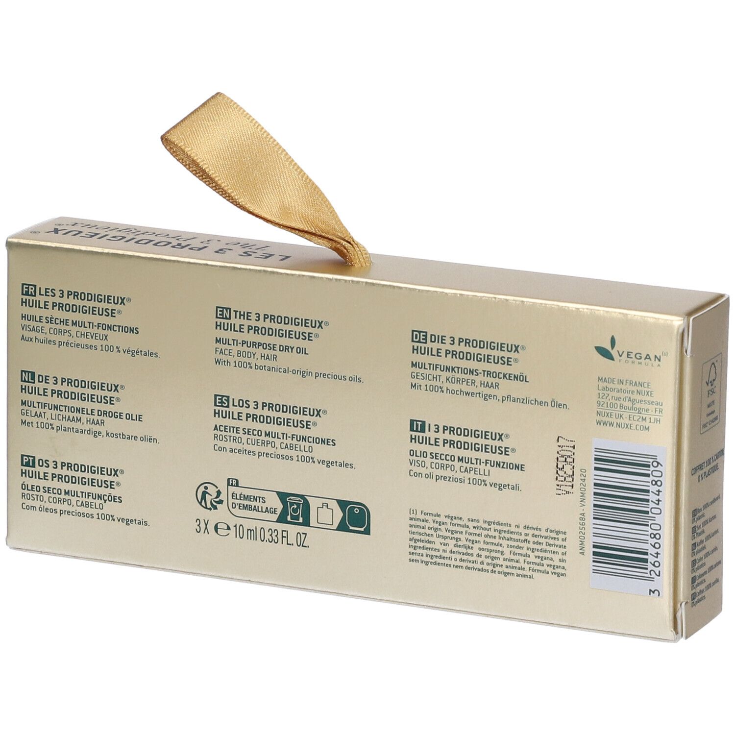 Retro della confezione regalo con informazioni prodotto multilingue e codice a barre.