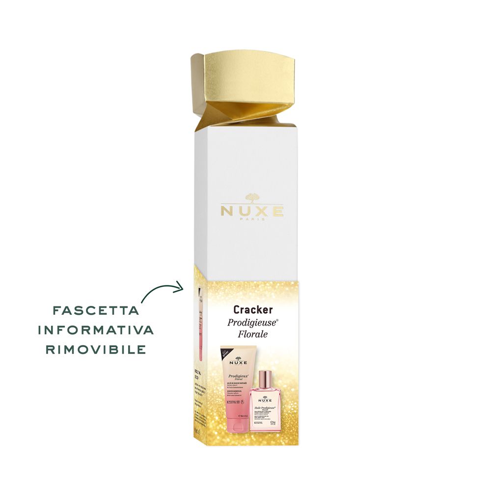 Confezione regalo con illustrazioni dei prodotti. Testo: Cracker Prodigieuse Florale. Scritta: Faschetta informativa rimovibile.