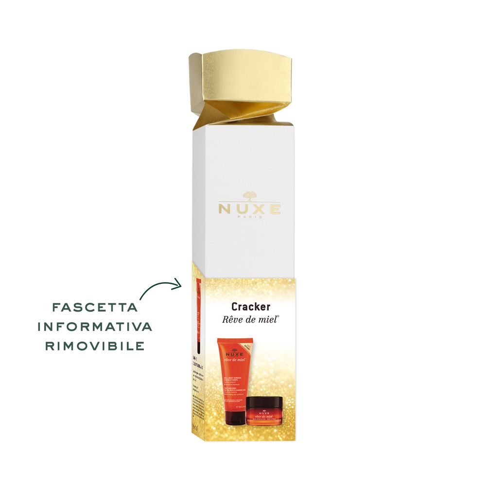 Confezione regalo bianca e dorata con immagini dei prodotti. Testo: Cracker Rêve de miel. Freccia indica scheda informativa rimovibile.