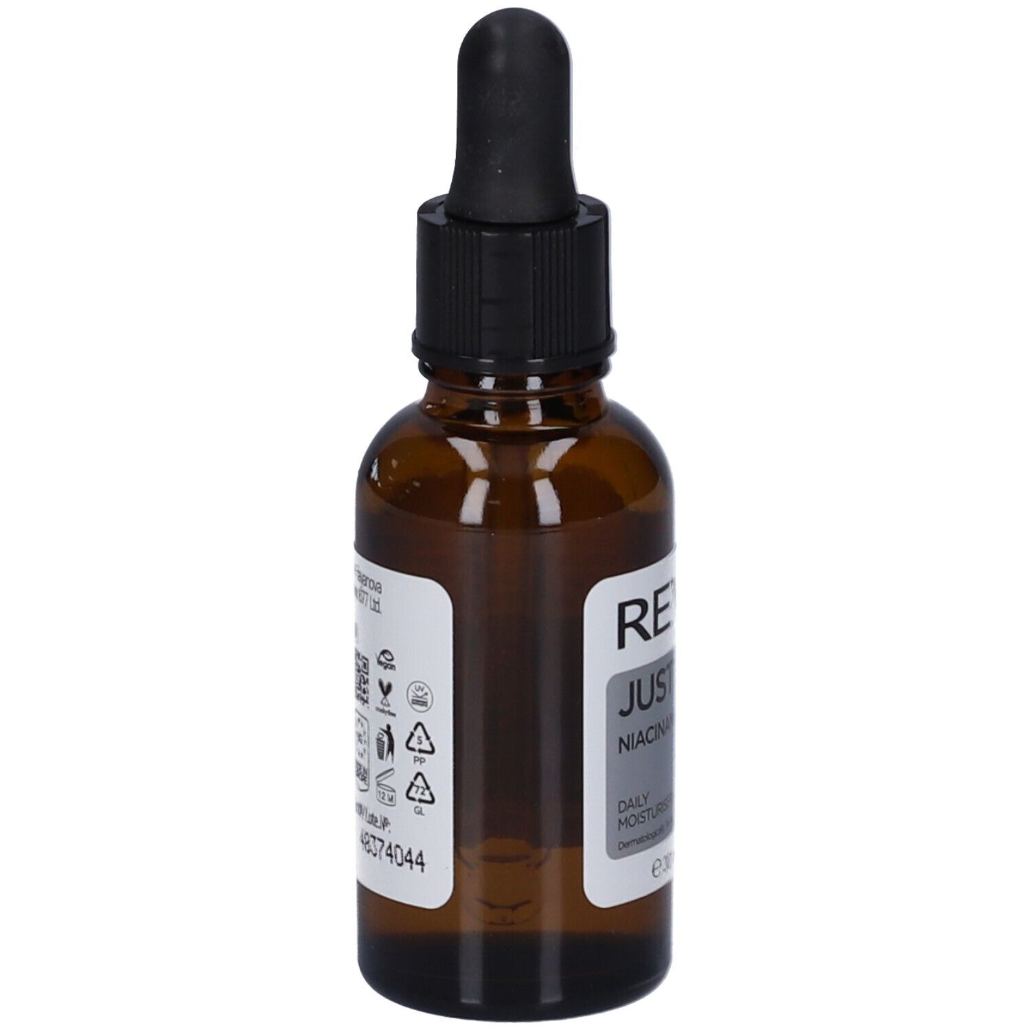 Flacone di vetro marrone con contagocce nero. Retro con etichetta e simboli. Revox B77 Just Niacinamide 10%.