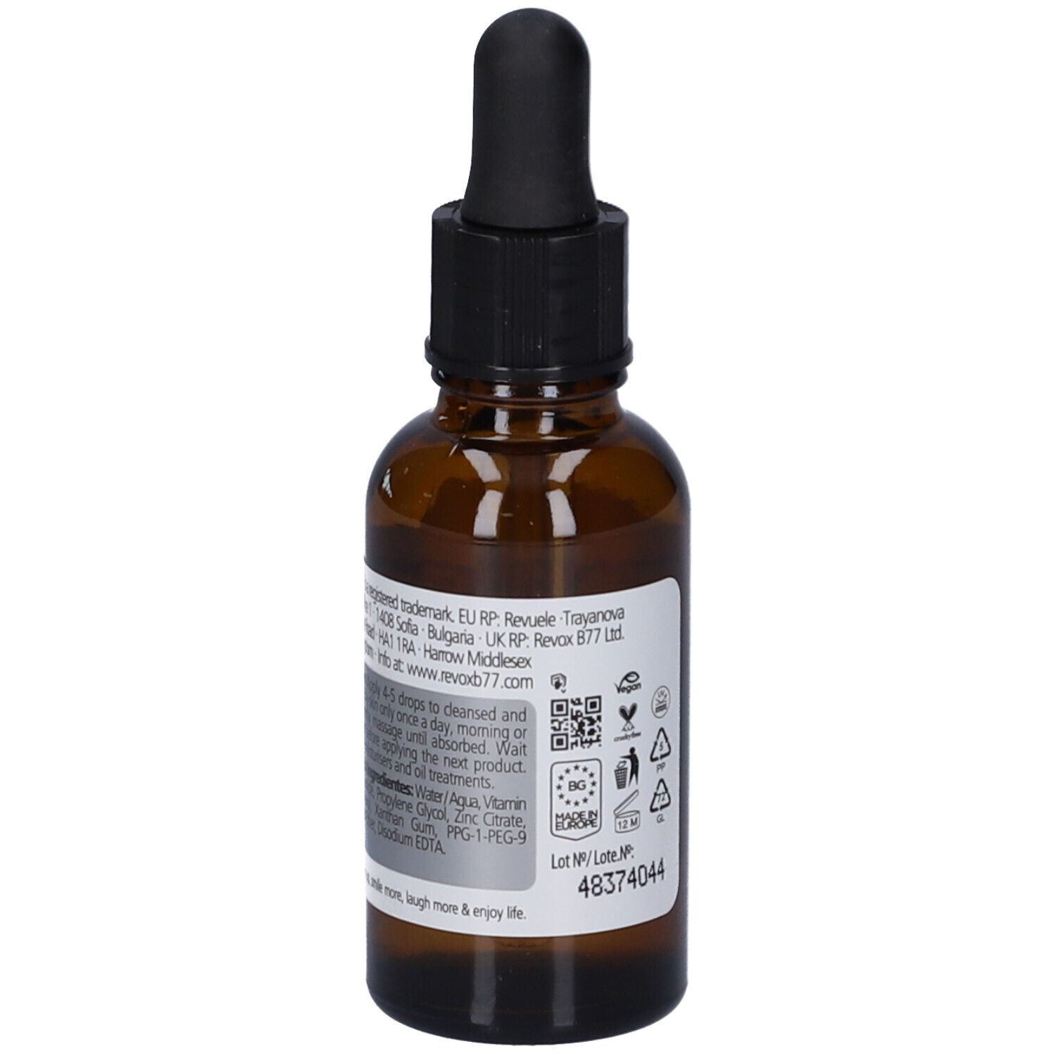 Flacone di vetro marrone con contagocce nero. Retro con etichetta e ingredienti. Revox B77 Just Niacinamide 10%.