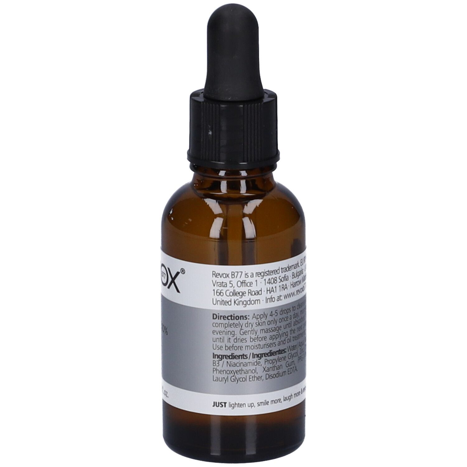 Flacone di vetro marrone con contagocce nero. Etichetta con istruzioni per l'uso. Revox B77 Just Niacinamide 10%.