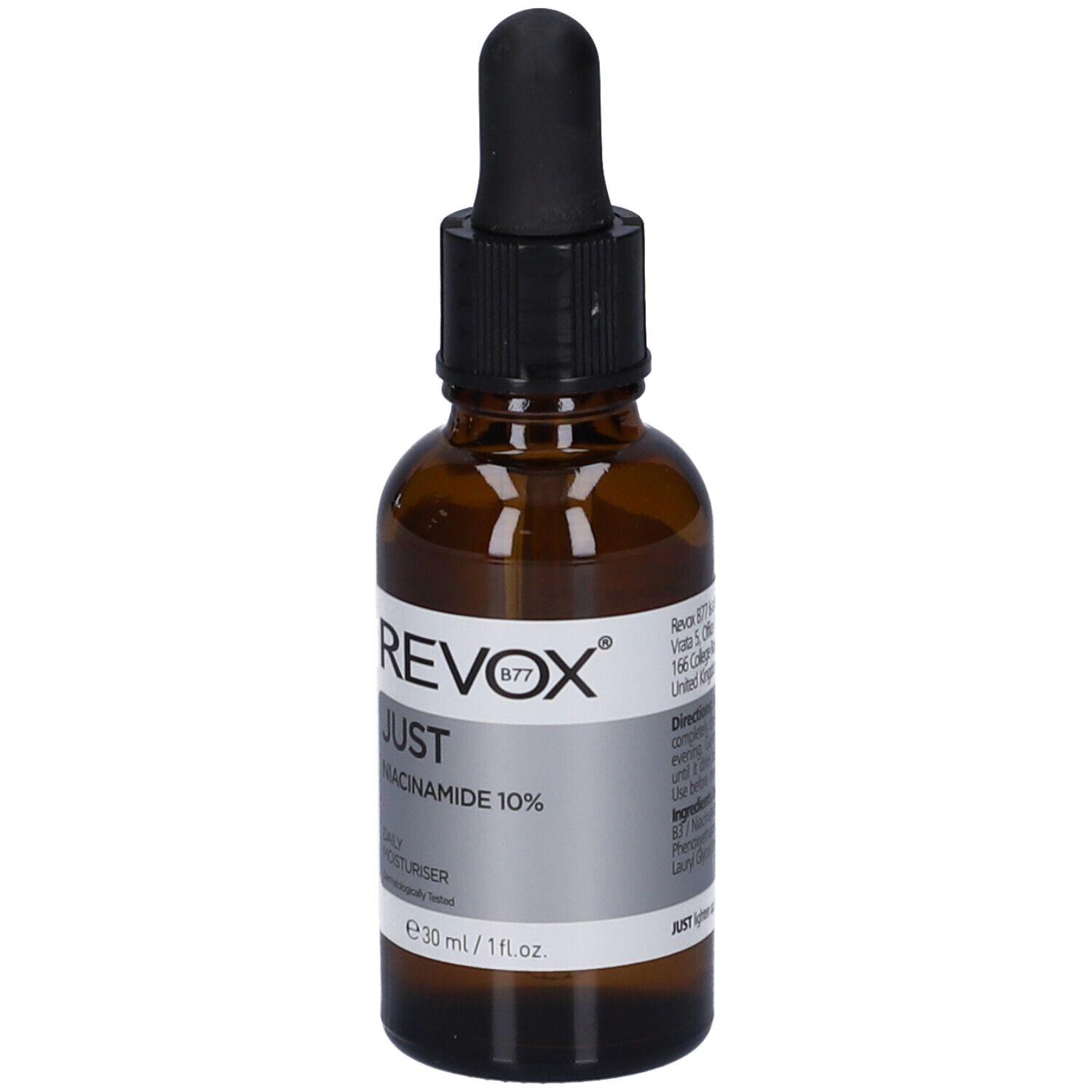 Flacone di vetro marrone con contagocce nero. Etichetta con informazioni sul prodotto. Revox B77 Just Niacinamide 10%.