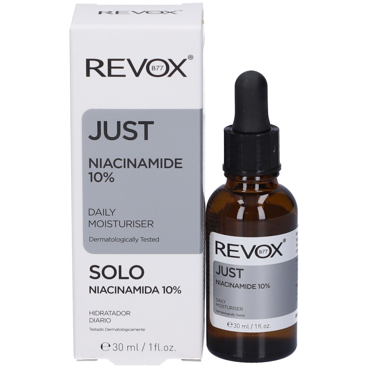 Flacone e confezione. Scatola bianca con informazioni sul prodotto. Revox B77 Just Niacinamide 10%.