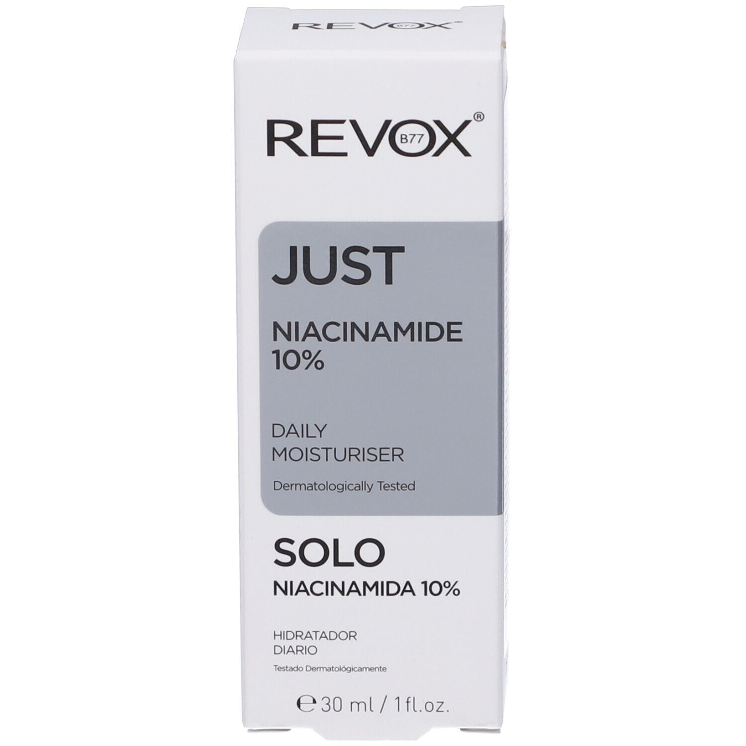 Confezione bianca con informazioni sul prodotto. Revox B77 Just Niacinamide 10%.