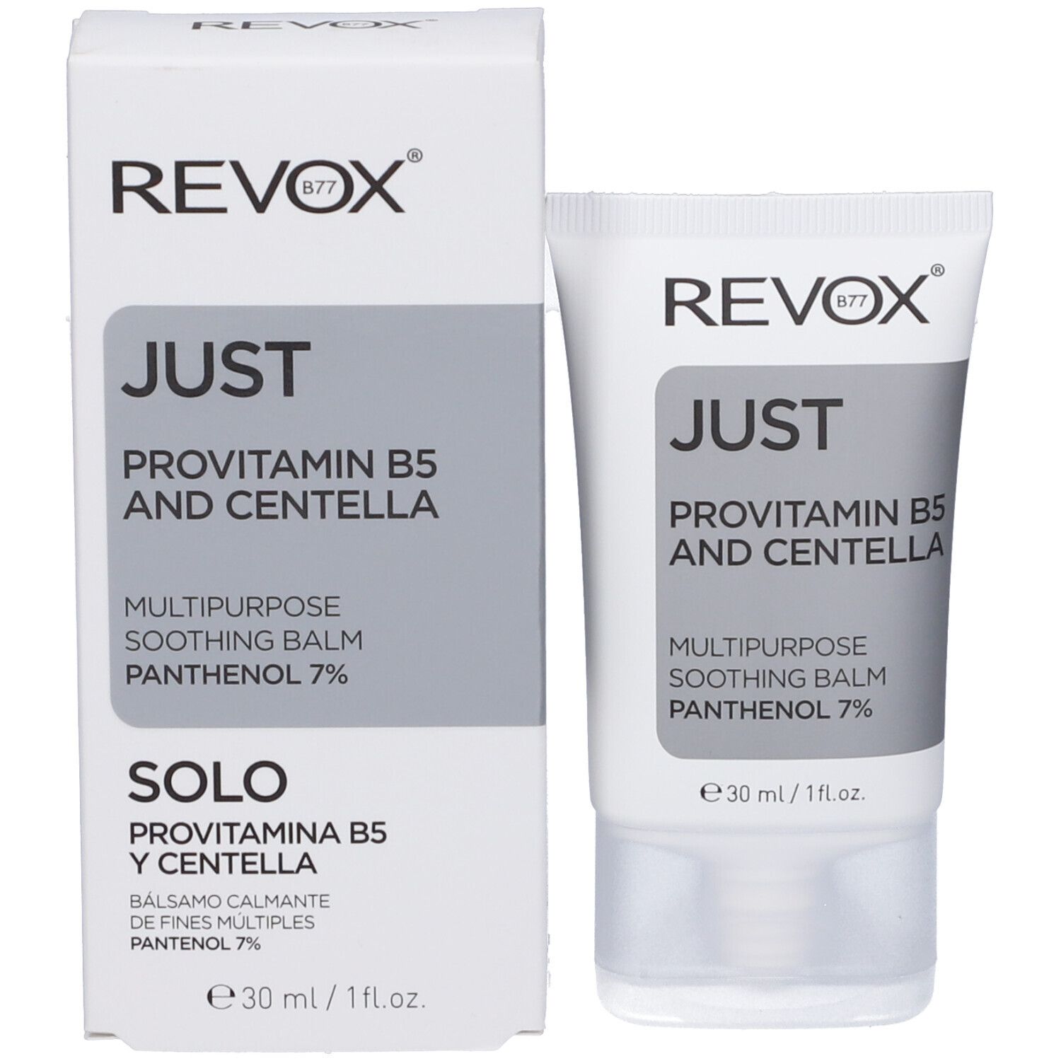 Prodotto e confezione. Tubo e scatola con nome del prodotto e ingredienti. Marchio REVOX. Contiene provitamina B5.