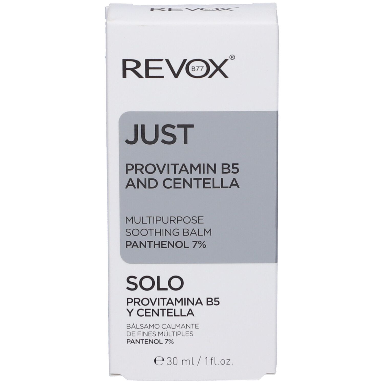 Confezione del prodotto. Scatola con nome del prodotto e ingredienti. Marchio REVOX. Contiene provitamina B5 e Centella.