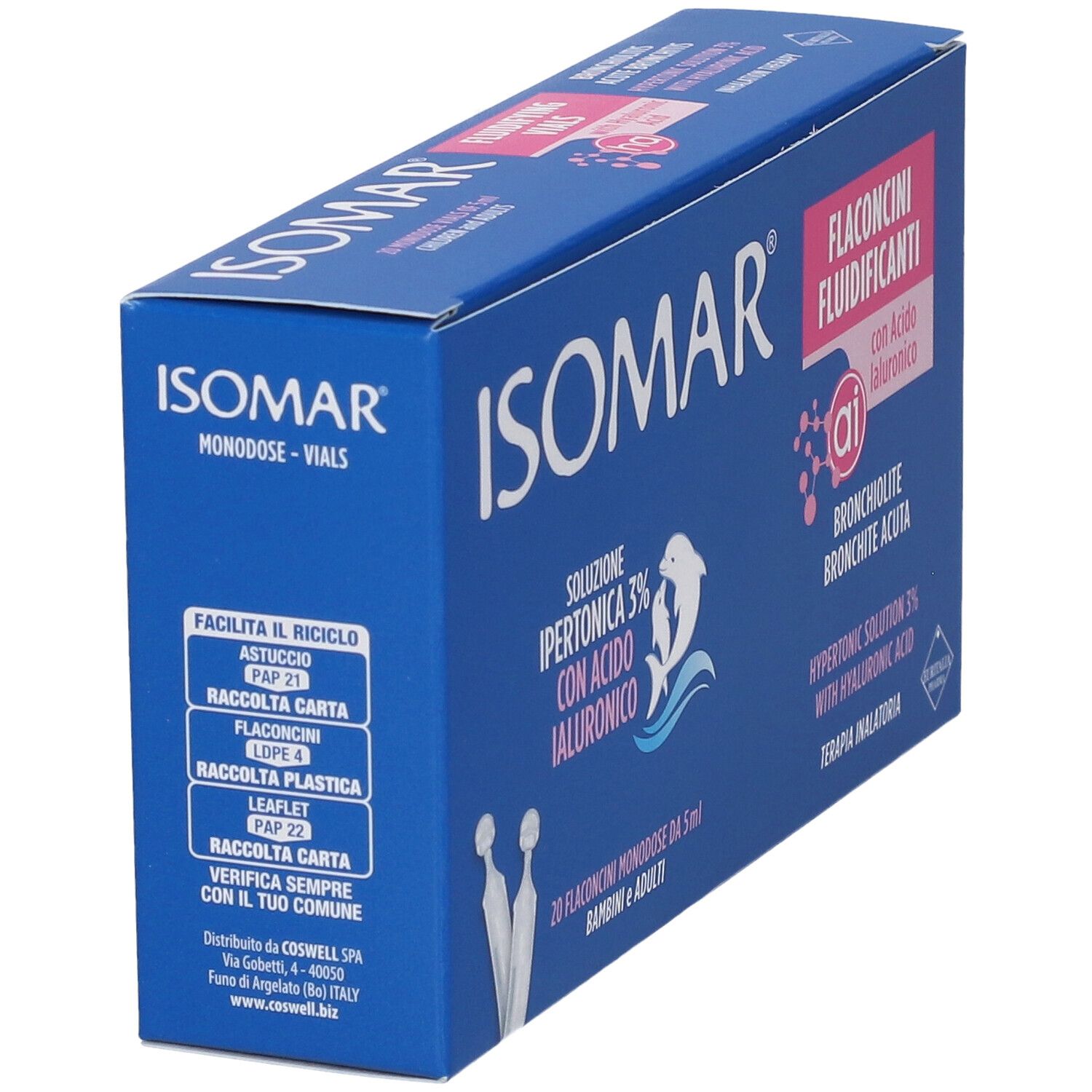 Scatola blu ISOMAR inclinata. Contiene 20 flaconcini. Ipertonica 3% con Acido Ialuronico. Istruzioni riciclo.