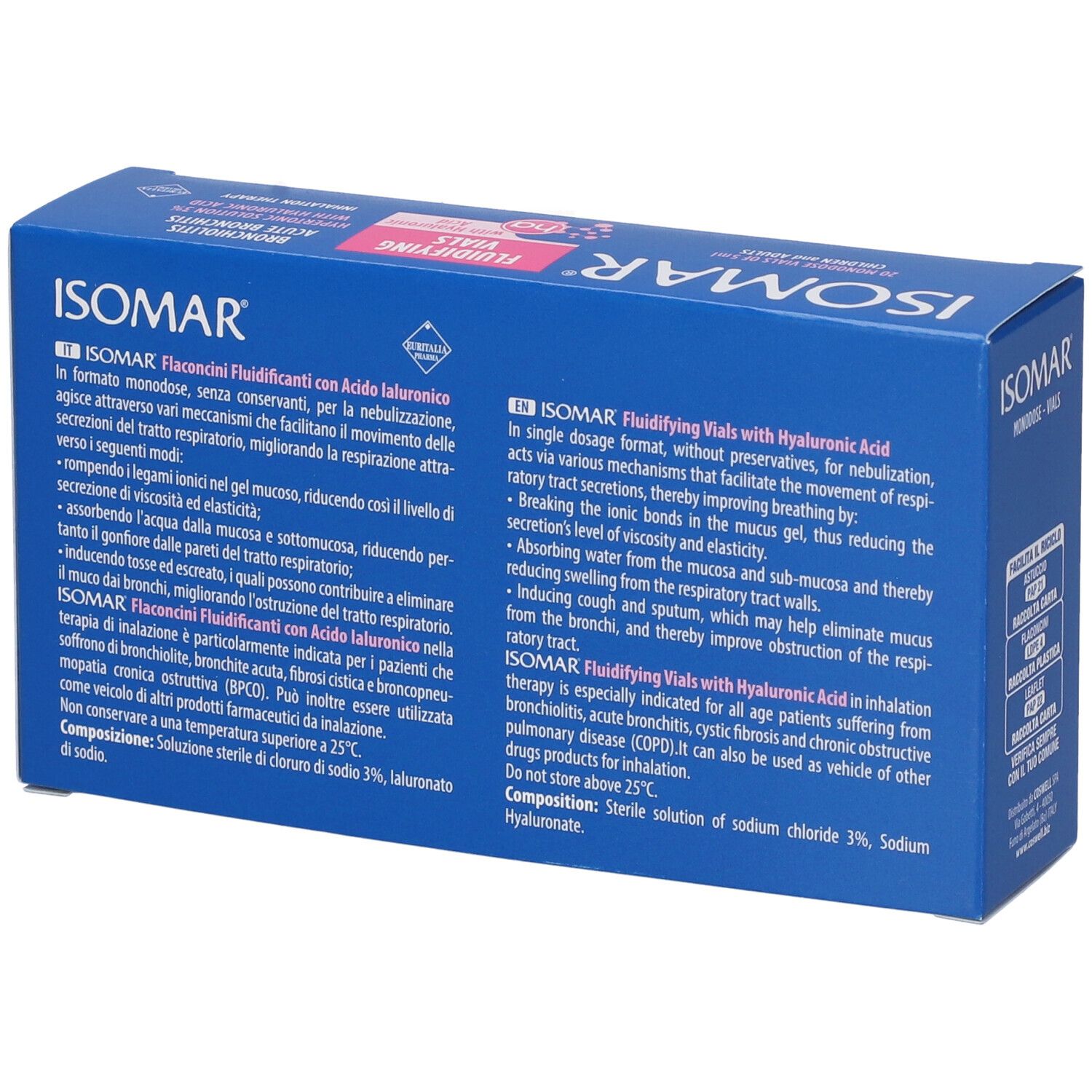 Retro scatola blu ISOMAR. Testo: Fluidifying Vials with Hyaluronic Acid. Ingredienti e uso.