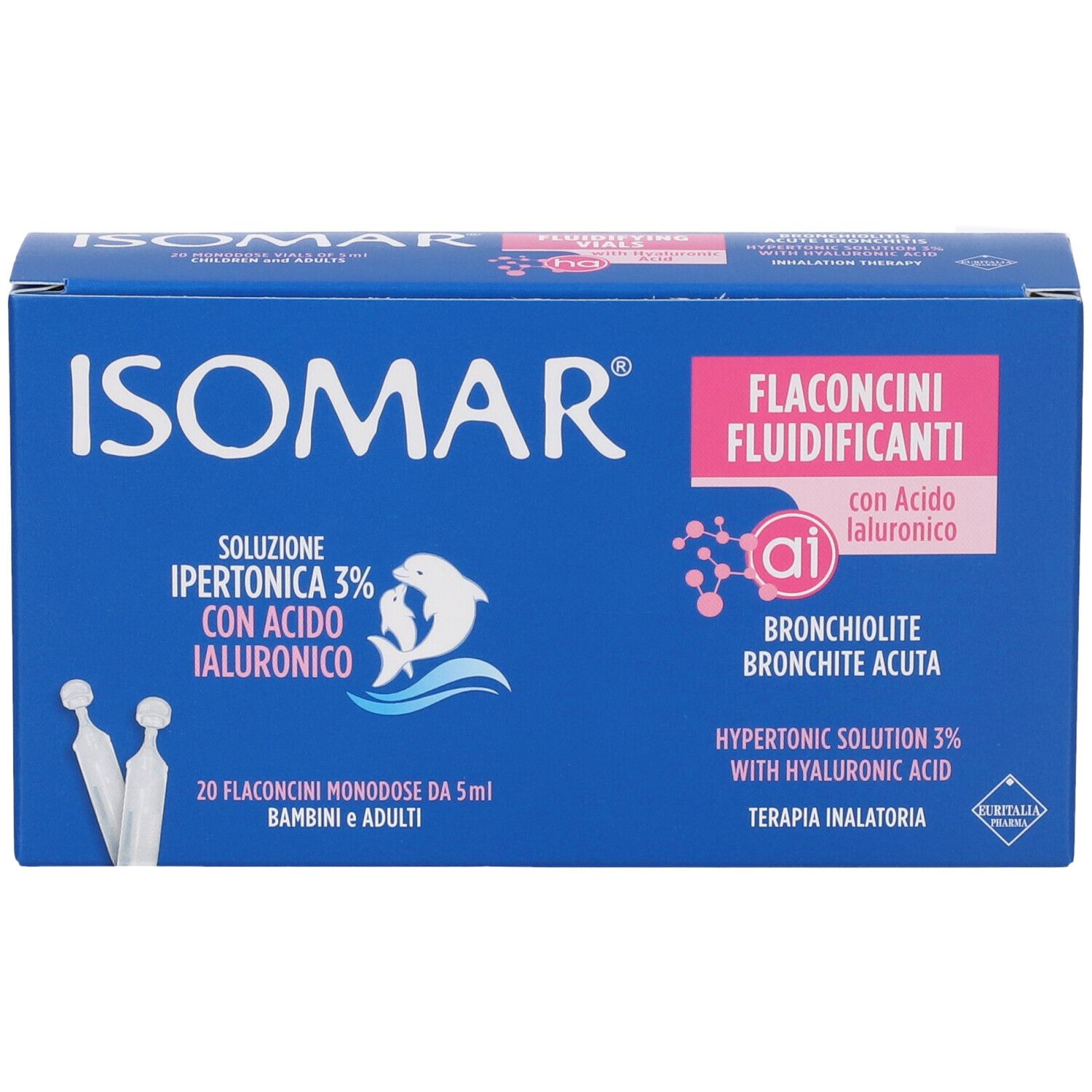 Scatola blu ISOMAR. Ipertonica 3% con Acido Ialuronico. 20 flaconcini. Per bambini e adulti.