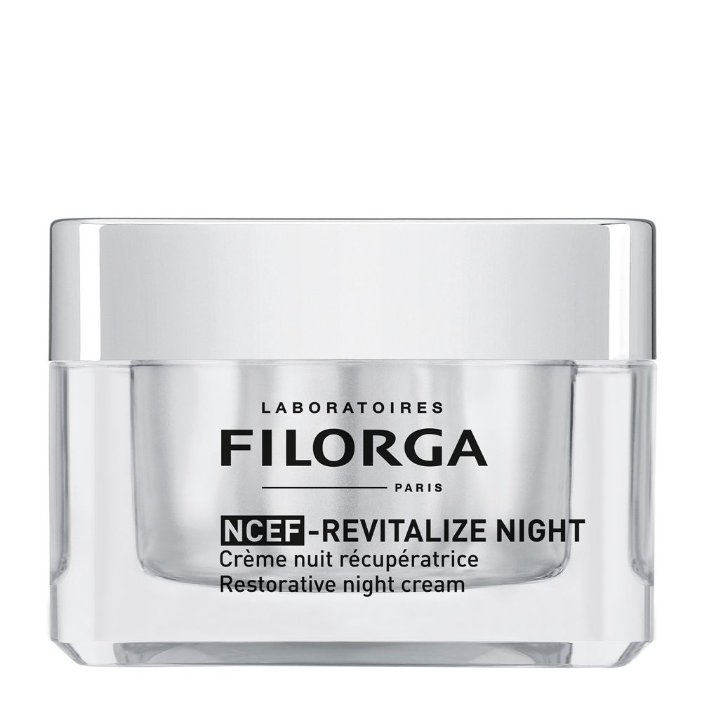 Vaso di crema con coperchio. Scritta: FILORGA PARIS, NCEF-REVITALIZE NIGHT, Crème nuit récupératrice, Restorative night cream.