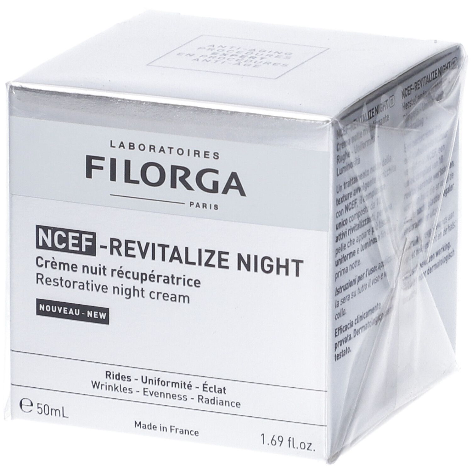 Confezione. Scritta: FILORGA, NCEF-REVITALIZE NIGHT, Crème nuit récupératrice, Restorative night cream, 50ml.