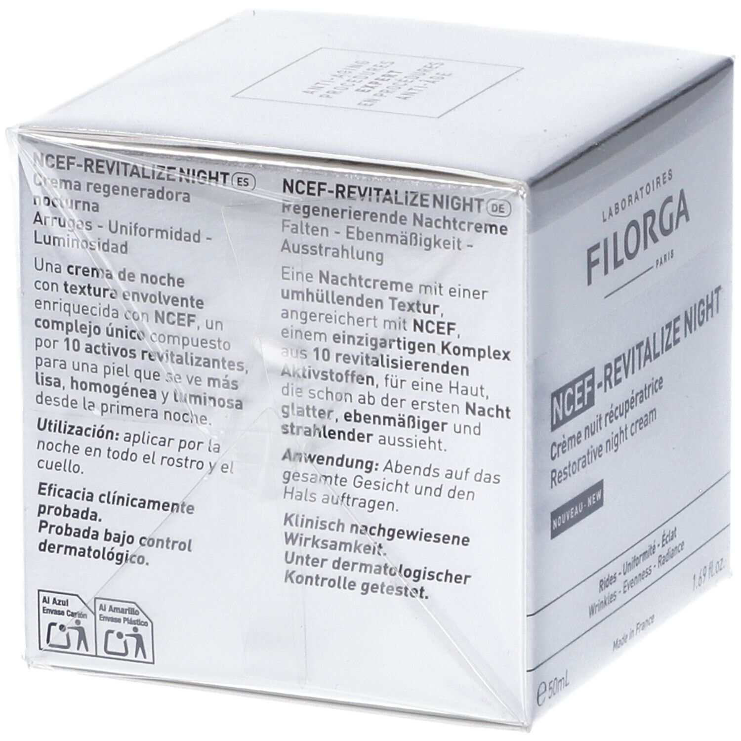 Confezione. Testo: NCEF-REVITALIZE NIGHT, crema notte rigenerante. Testo in tedesco.