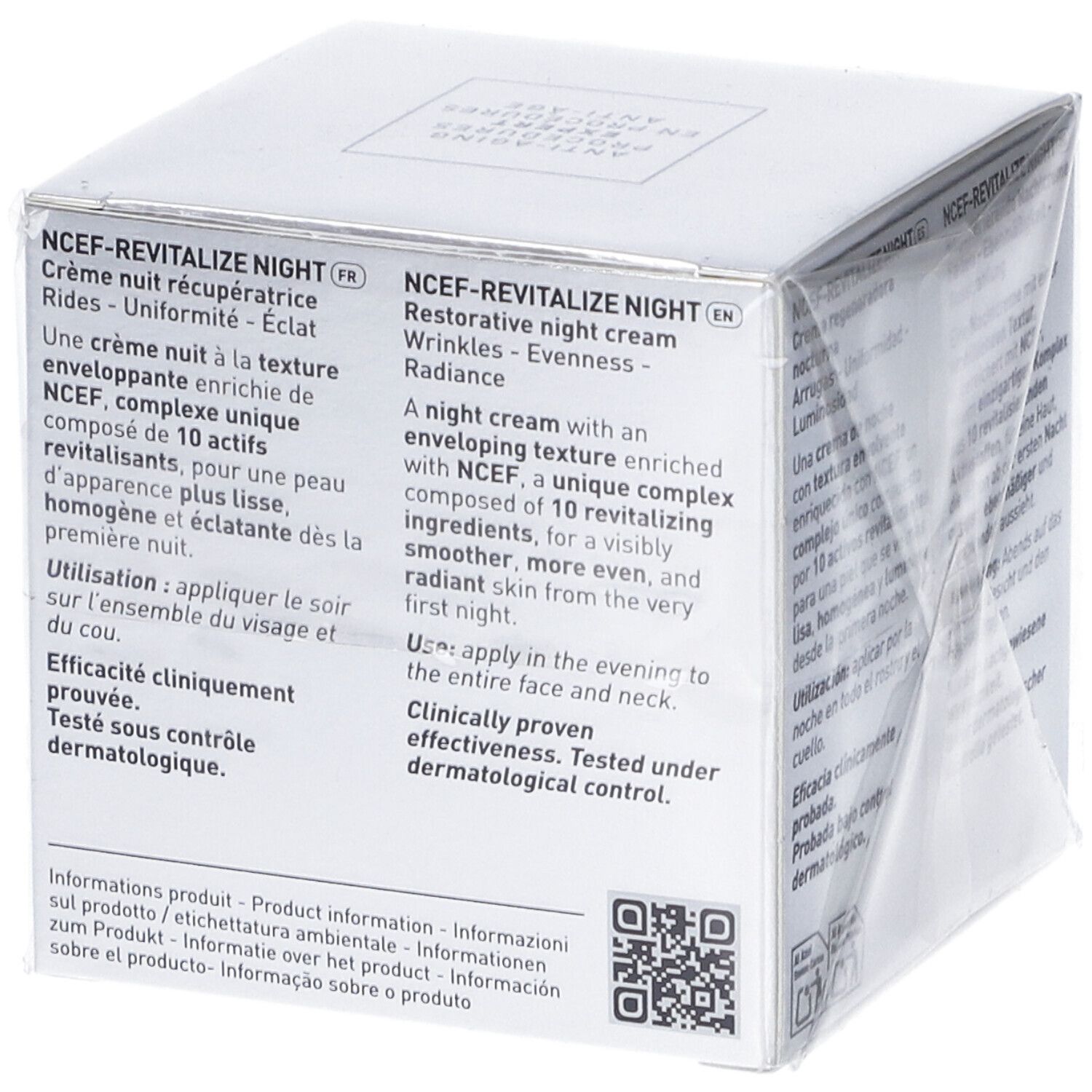 Confezione. Testo: NCEF-REVITALIZE NIGHT, Restorative night cream. Testo in inglese.