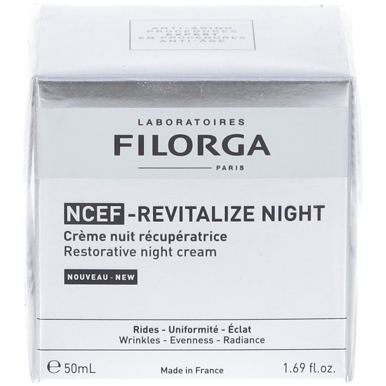 Confezione. Scritta: FILORGA PARIS, NCEF-REVITALIZE NIGHT, Crème nuit récupératrice, Restorative night cream, 50ml.