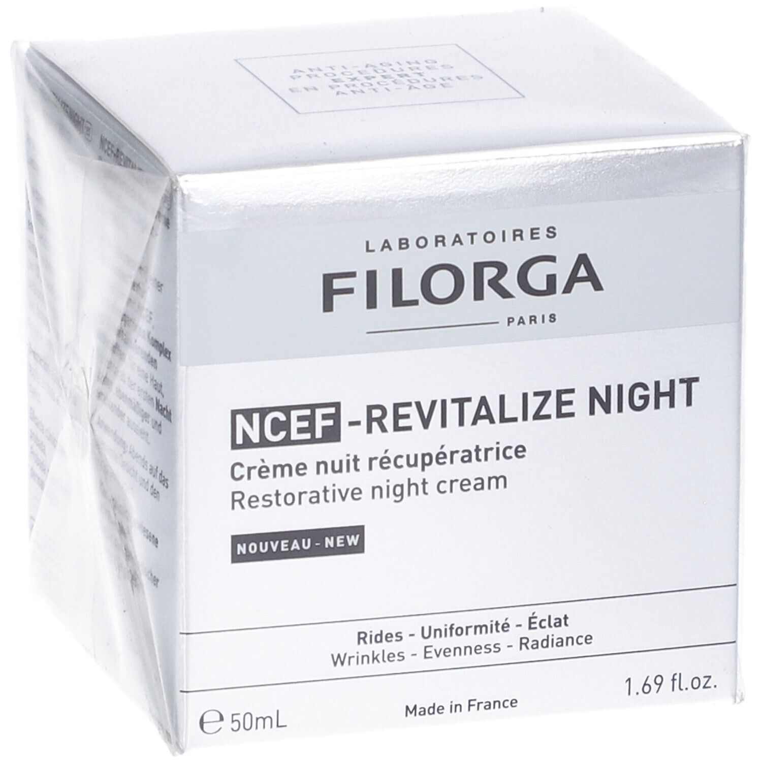Confezione. Scritta: FILORGA PARIS, NCEF-REVITALIZE NIGHT, Crème nuit récupératrice, Restorative night cream, 50ml.